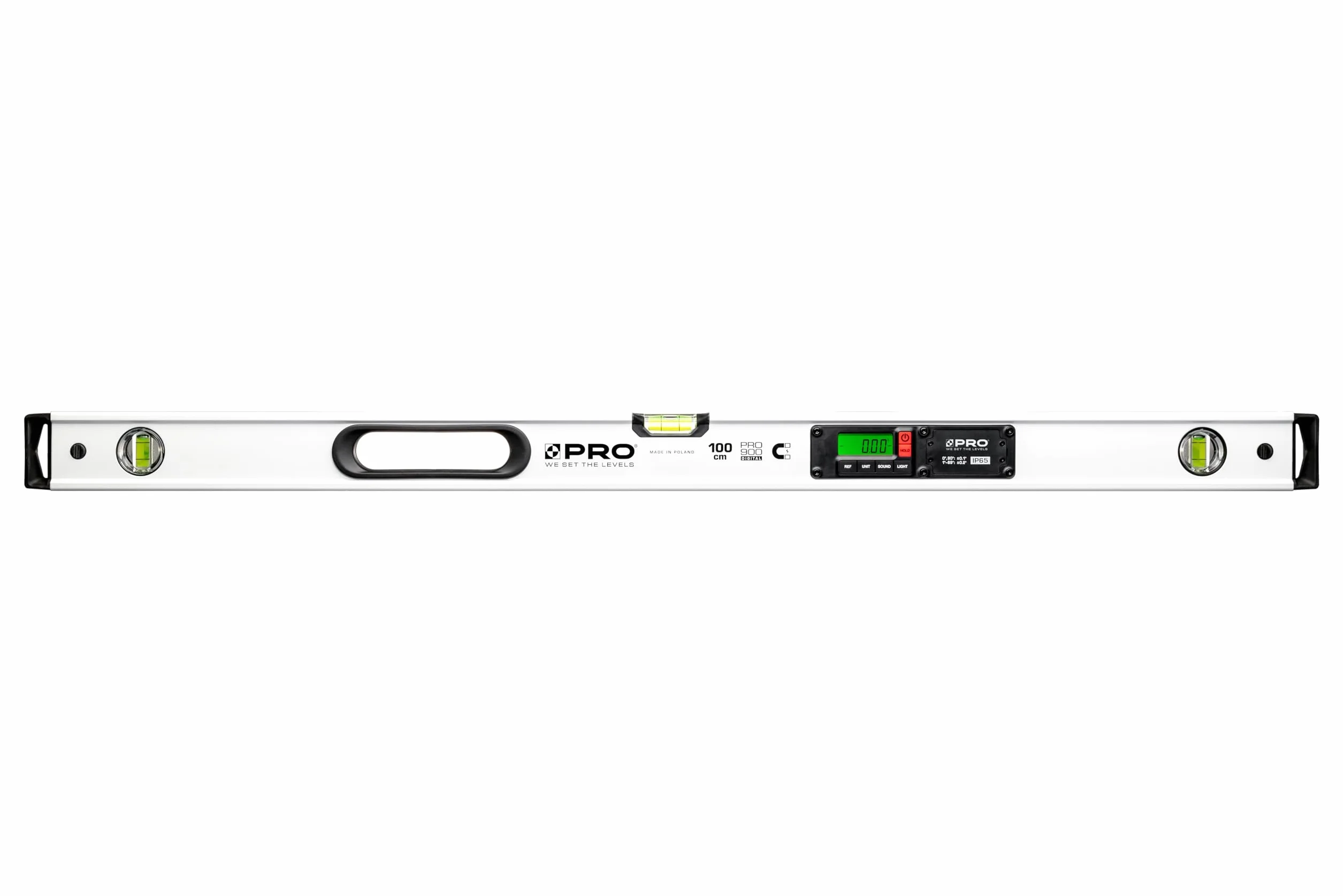 PRO900 Digitale Wasserwaage 100cm mit 2 LCD Displays und Abdeckung - Elektronische Wasserwaage mit Messwertspeicher für bis zu 19 Ergebnisse Schutzart IP65 - Farbe Weiß