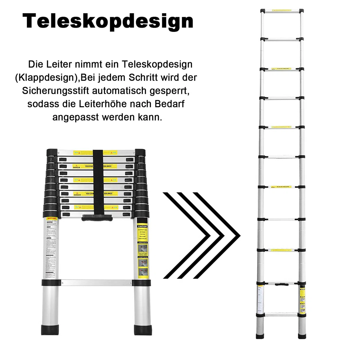Teleskopleiter, 3.2M Aluminium Leiter, Tragbar Ausziehleiter, Teleskop Aluminiumleiter, Mehrzweckleiter, Maximale Tragkraft von 150kg