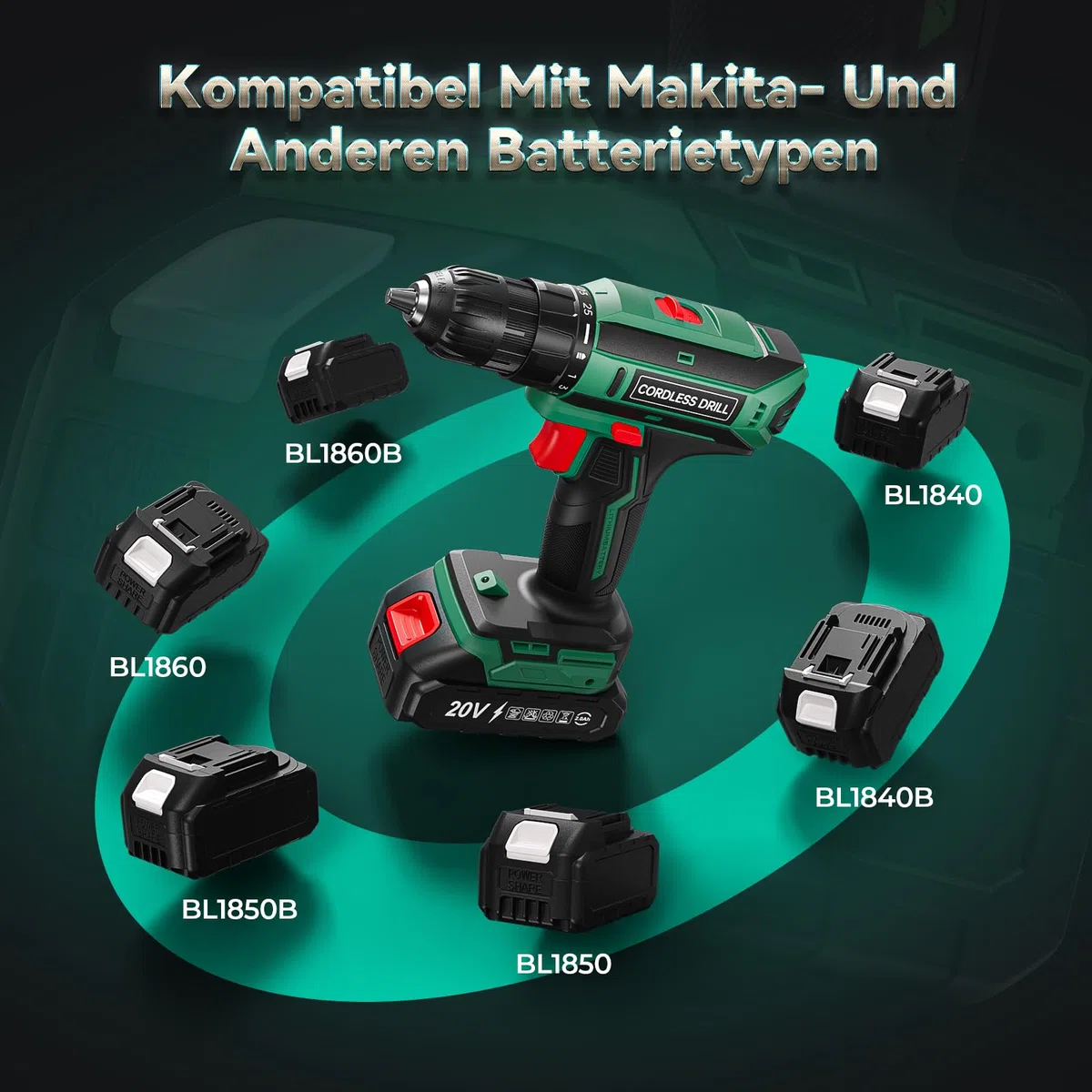Akkuschrauber mit 2000mAh Akku, 20V Akku Bohrschrauber Set 42Nm Max, 2-Gang Akku-Bohrmaschine, Kompatibel mit Makita Akku, 25+1 Drehmomentstufen, 10mm Bohrfutter, LED-Licht, Für Reparatur und DIY Grün