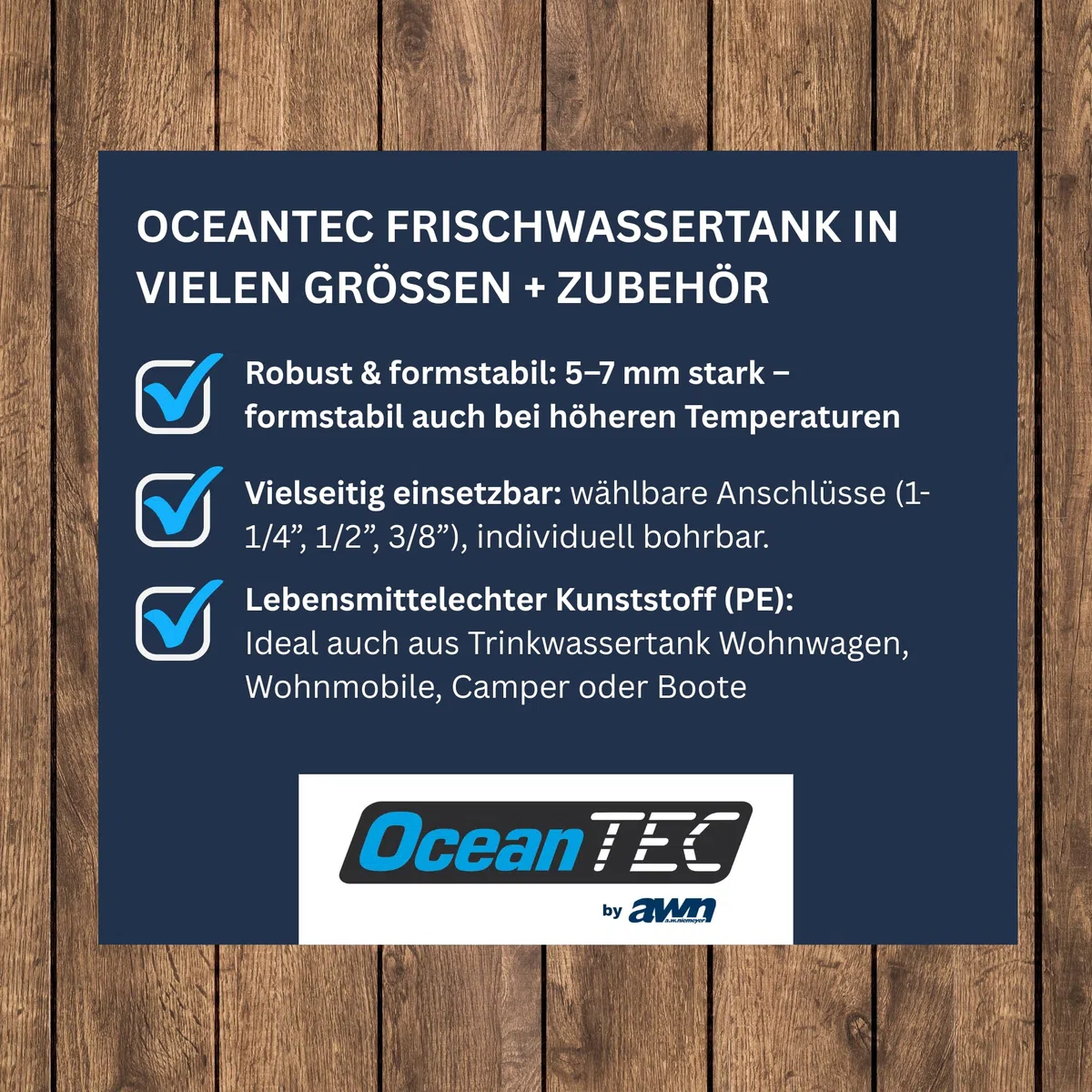 OceanTEC Frischwassertank, Trinkwassertank 105 Liter - lebensmittelecht & stabil, Wassertank mit Inspektionsdeckel & Anschlussmöglichkeiten, liegend oder stehend, Für Wohnwagen, Camper, Boot