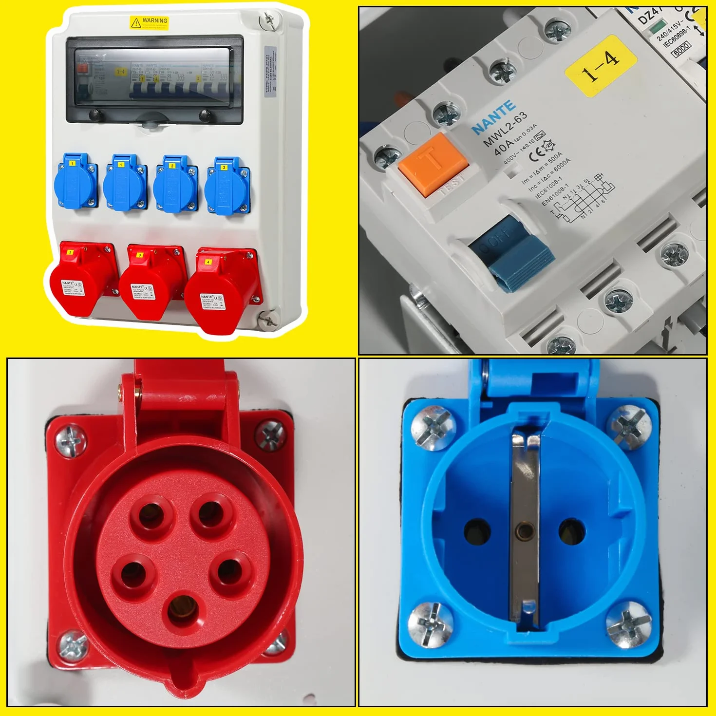 Herrselsam Baustromverteiler, 1X32A 2X16A 4x230V MIT LS+FI mit Leitungsschutzschalter und RCCB, 5 polig Wandverteiler mit 4 Schutzkontaktsteckdosen und CEE 16/32A, Innen Außenbereich auf Baustellen