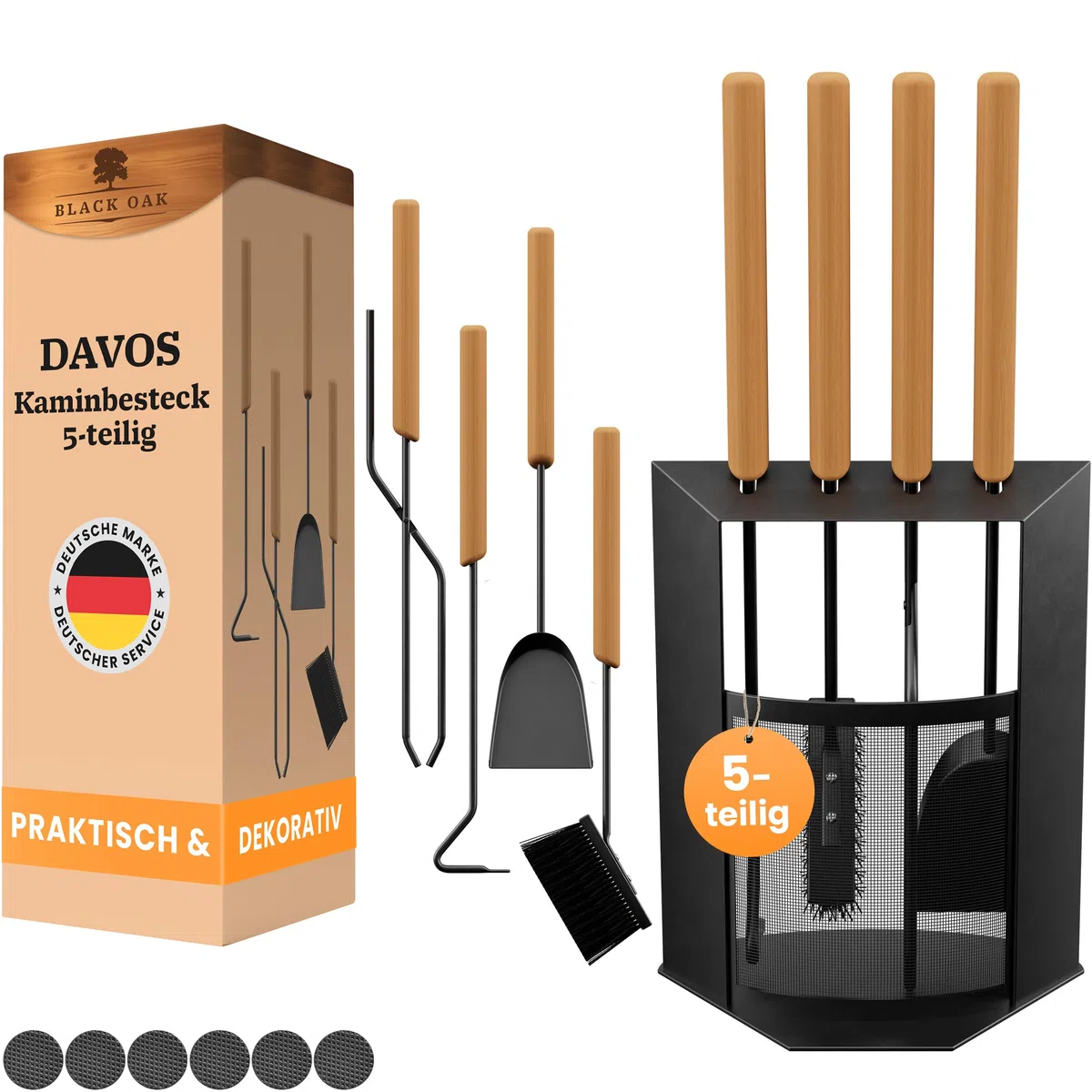 BLACK OAK Kaminbesteck DAVOS 5-teilig - edles & dekoratives Ofenbesteck Set schwarz mit Holzgriff 5 teilig Ständer + Kaminzange Schürhaken Ascheschaufel Kaminbesen Stahl Kaminzubehör Besteck für Ofen