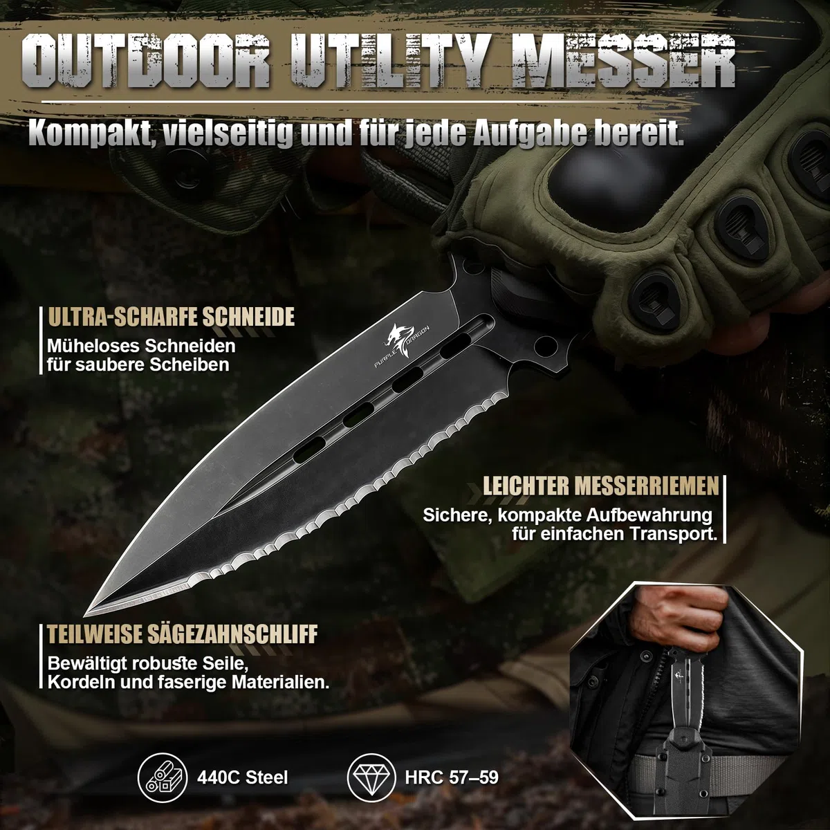 Purple Dragon Survival Messer mit Scheide - Jagdmesser Schwarz mit Feststehende Klinge - Outdoor Messer für Camping Jagd Wandern Abenteuer - Geschenk für Männer