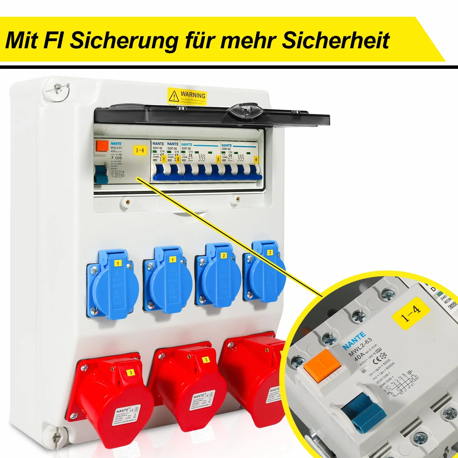 Herrselsam Baustromverteiler, 1X32A 2X16A 4x230V MIT LS+FI mit Leitungsschutzschalter und RCCB, 5 polig Wandverteiler mit 4 Schutzkontaktsteckdosen und CEE 16/32A, Innen Außenbereich auf Baustellen