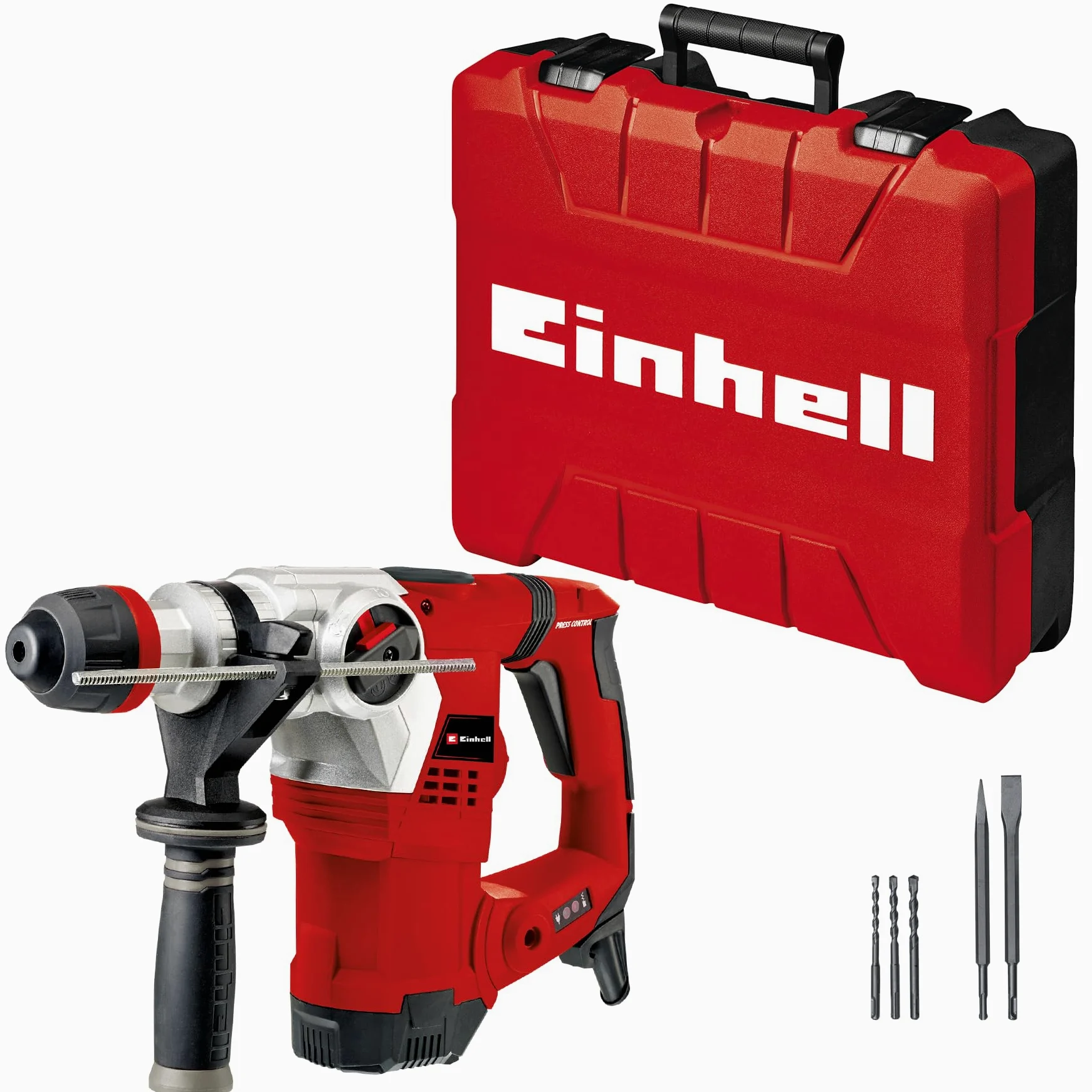 Einhell Bohrhammer TE-RH 32 4F Kit (1250 W, 5 Joule, 32 mm Bohrleistung in Beton, SDS-Plus, Anti-Vibrationsgriff, inkl. E-Box, 3 Bohrer, Spitzz- und Flachmeißel)