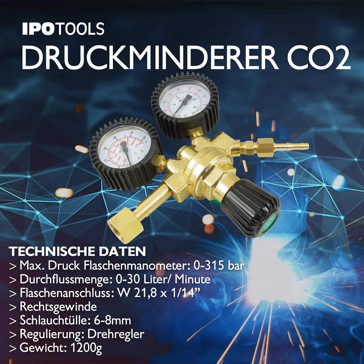 IPOTOOLS Druckminderer Druckregler für Argon/CO2 Schutzgas zu MIG/MAG Schweißgerät