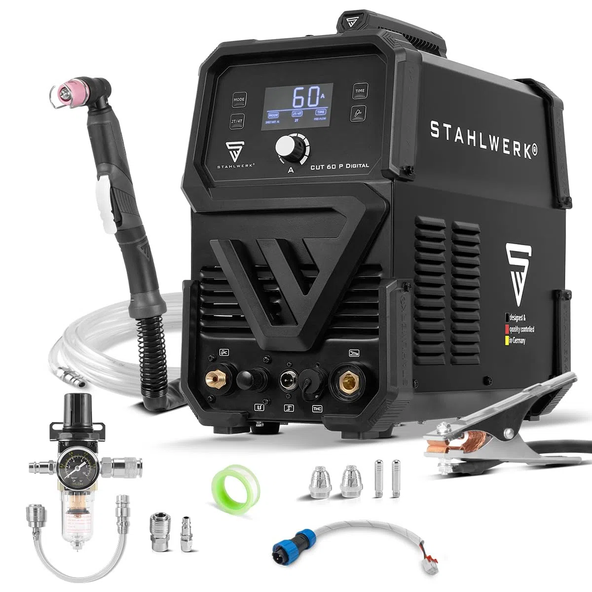 STAHLWERK Plasmaschneider CUT 60 P Digital – Plasmaschneidgerät mit 60 A, Schneidleistung bis 20 mm, Inverter Plasma Cutter mit HF-Pilotzündung, THC-Schnittstelle für CNC-Höhenregelung