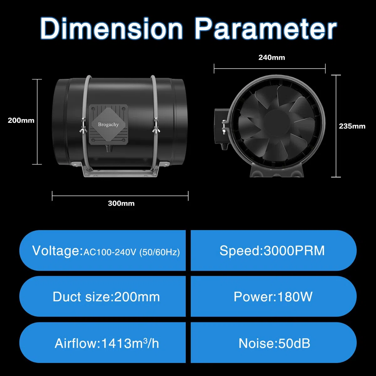 200mm Regelbar Rohrventilator, Abluftventilator 3000 RPM,mit Dreiphasiger EC Motor, für Heizung, Kühlung,Booster, Wachstumszelte, Hydrokulturen, Heimgebrauch, Belüftung.