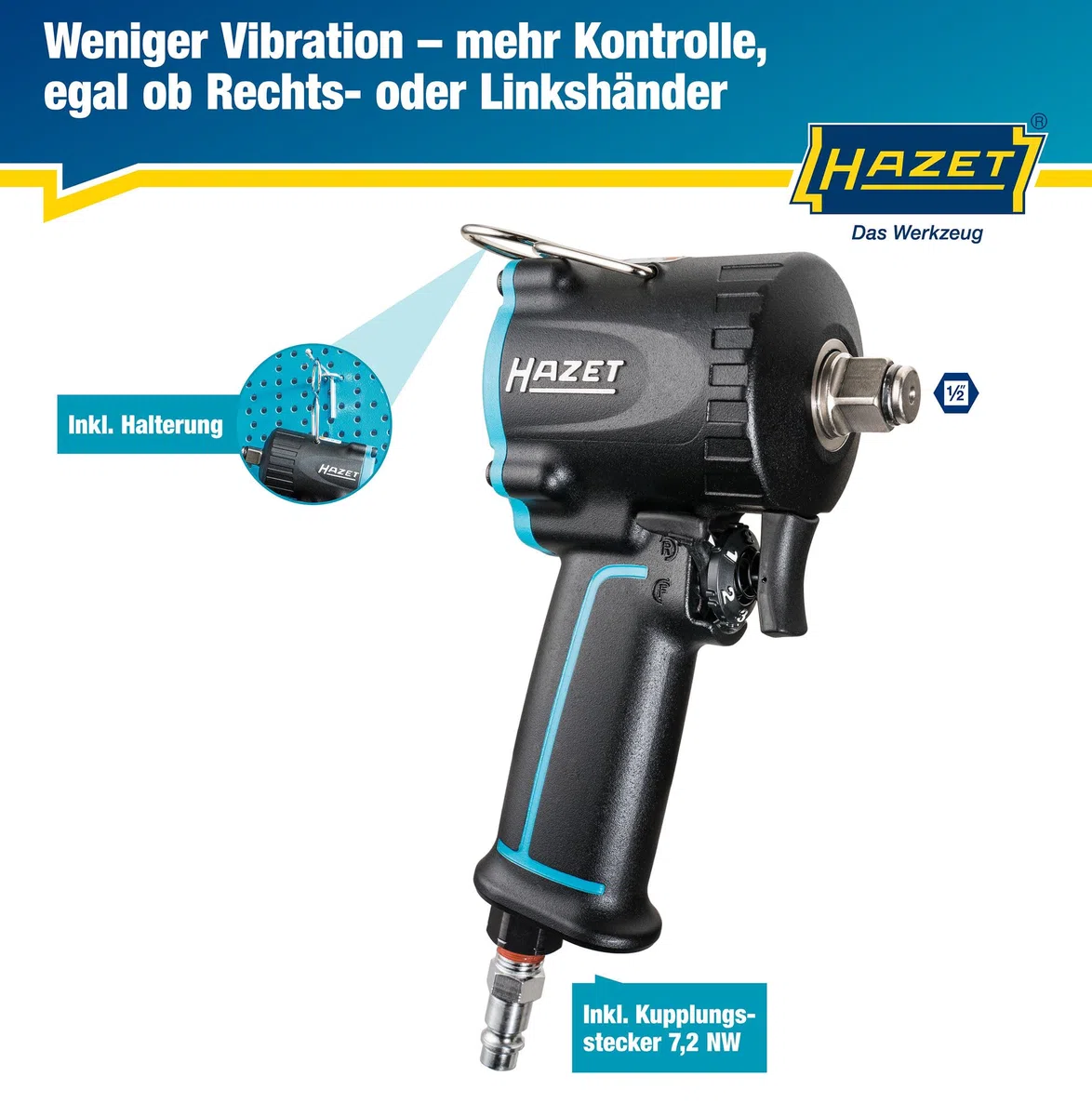 Hazet Druckluft-Schlagschrauber 9012M-1 I extra kurz - nur 80 mm, Max. Lösemoment: 1200 Nm, Vierkant 12,5 mm (1/2 Zoll), Betriebsdruck: 6,3 Bar I kompakte Bauweise für Arbeiten in beengten Räumen