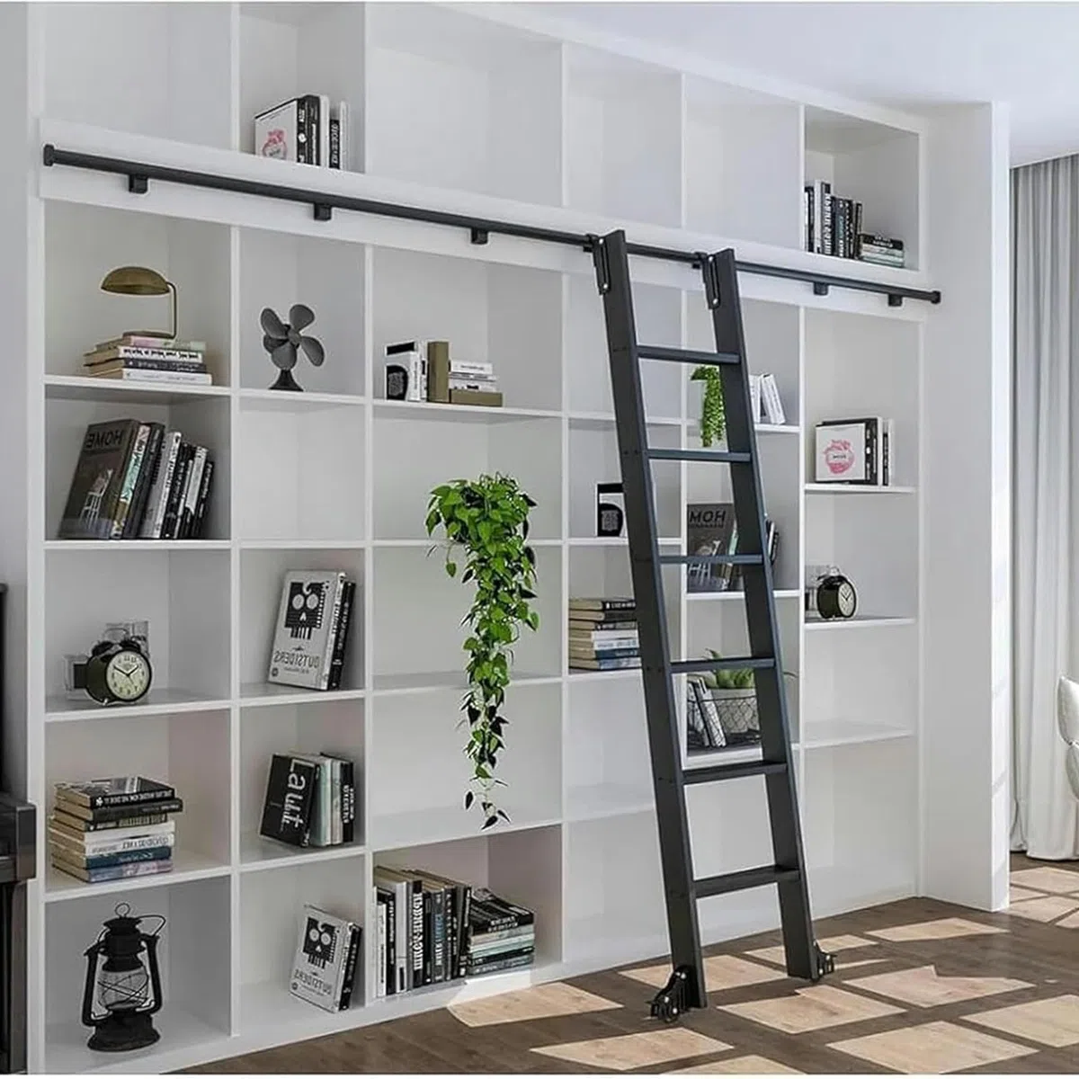 Generisch Rollleiter Vollset Für Bibliothek - Einziehbare Rollende Bibliotheksleiter Mit Bodenrolle Und Bremse Für Zuhause, Innenraum, Loft, Bibliothek (Keine Leiter)(Size:3.3ft/100cm Track Kit)