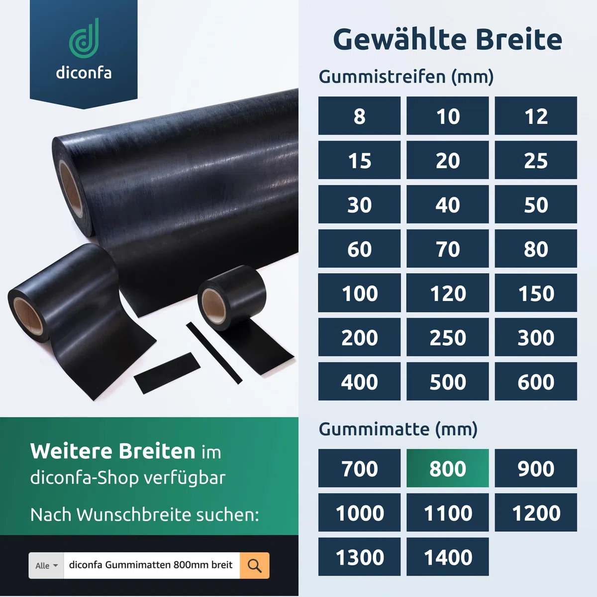 diconfa Gummimatte BREITE 800mm (80cm) - WÄHLBAR - Dicke: 1 bis 10mm - LÄNGE: 0,05 bis 10m - Auswahl: 2000mm (200cm) lang, 8mm stark - Gummistreifen Meterware schmal Gummiunterlage Gummiplatte