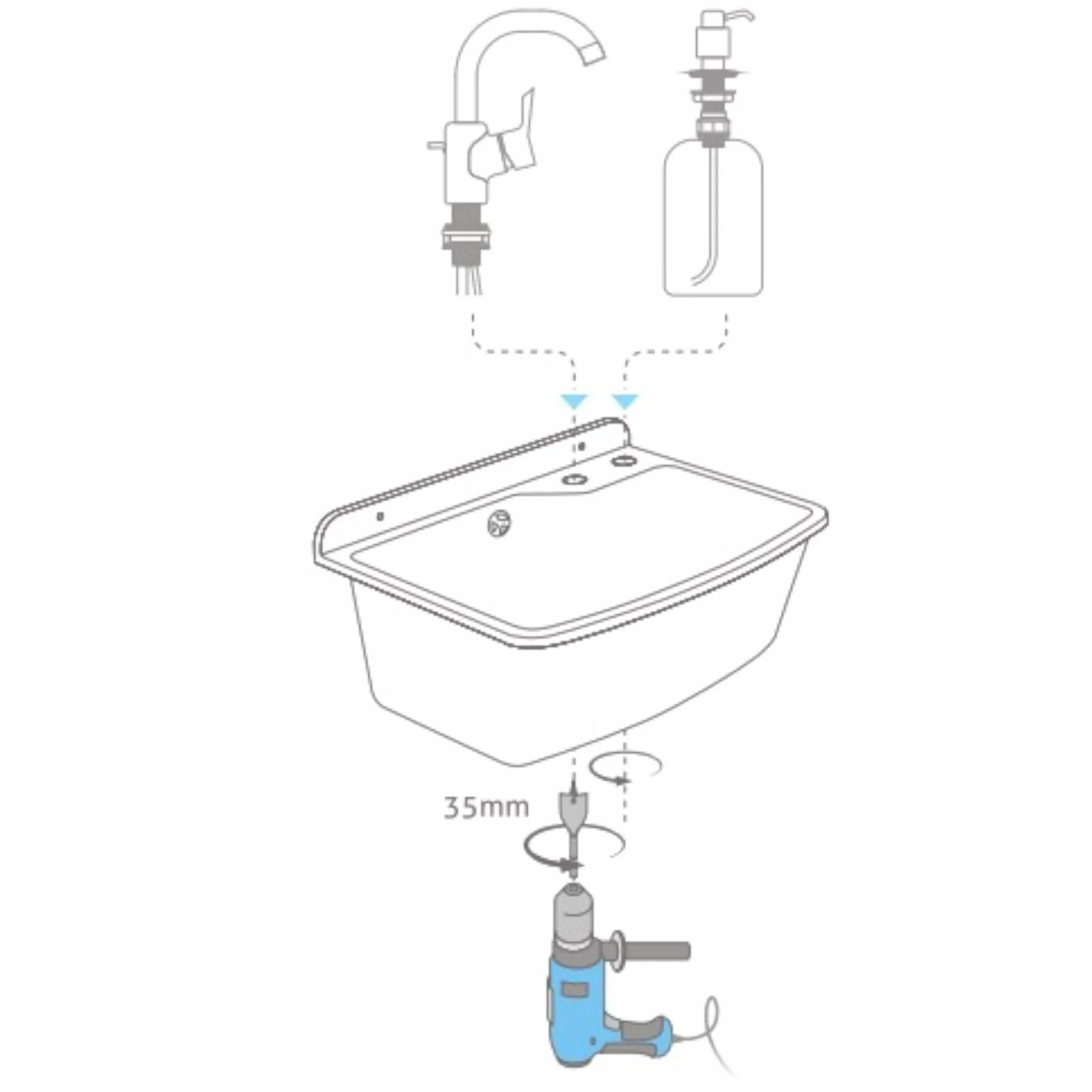 Waschbecken mit Siphon Ausgussbecken aus Kunststoff grau Granit Farbe, 61 cm Länge hängen Wasserinstallation Küche Badezimmer robuste Waschtrog