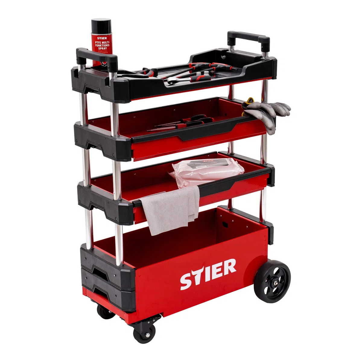 STIER Montagewagen, klappbar, 80kg Tragkraft, LxBxH 700x380x535 eingefahren, LxBxH 700x380x900mm ausgefahren, rollende Werkstatt, für Kleinteile und große Werkzeuge, Werkzeugkasten leer