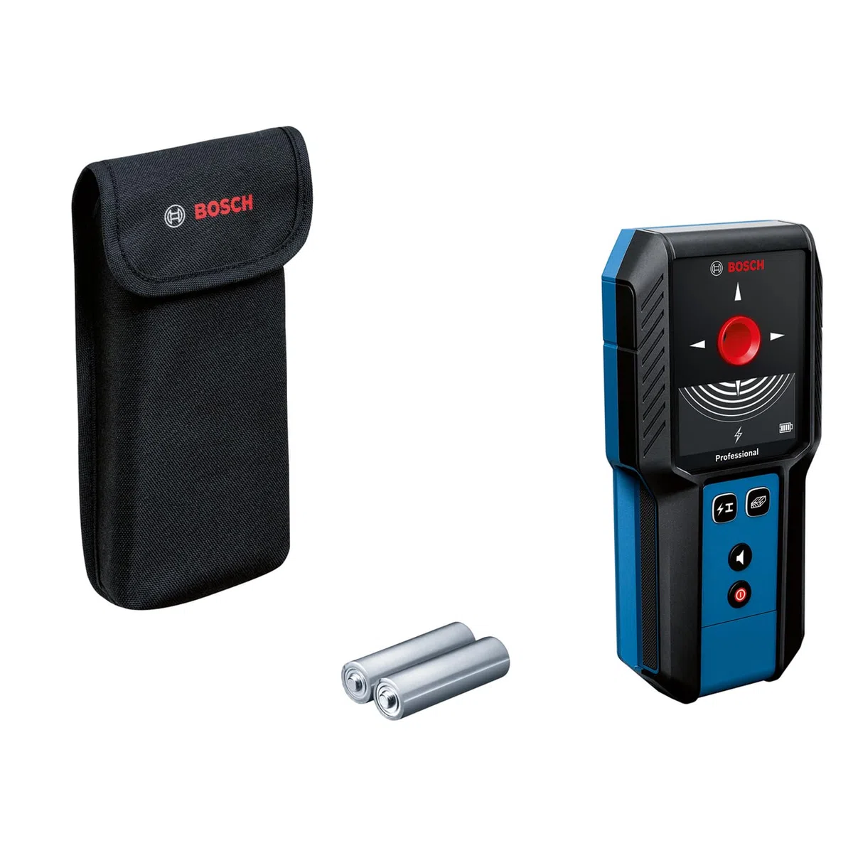 Bosch Professional Ortungsgerät GMS 120-27 (2xAA Batterien, max. Detektionstiefe Nicht-magnetisches Metall/magnetisches Metall/Spannungsführende Leitungen/Holz: 120/100/50/30 mm, Schutztasche)