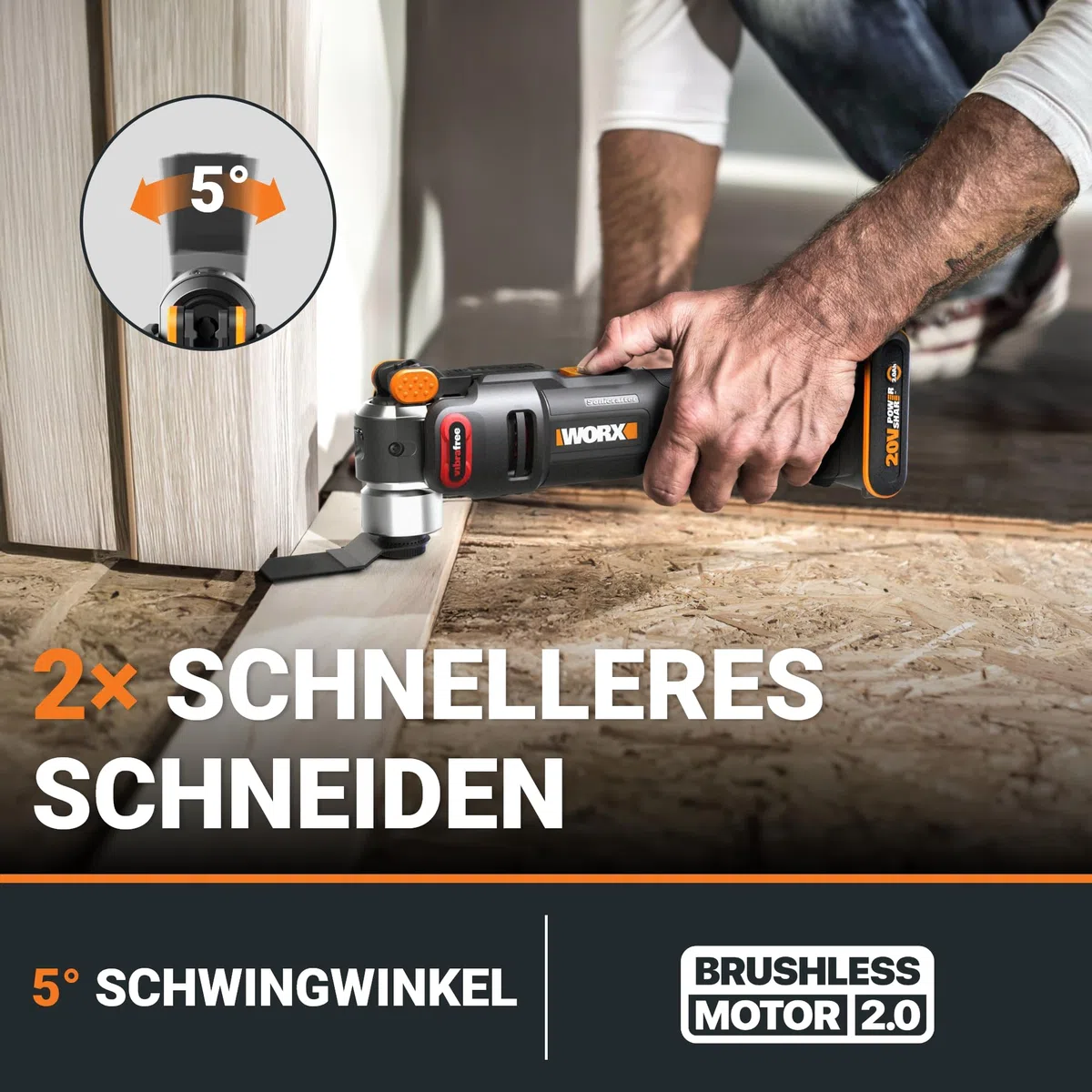 WORX Nitro WX698.9 Sonicrafter Akku Multifunktionswerkzeug 20V – bürstenloser Motor –PowerShare – zum Schneiden, Sägen, Schleifen – 10000-20000/min – ohne Akku & Ladegerät