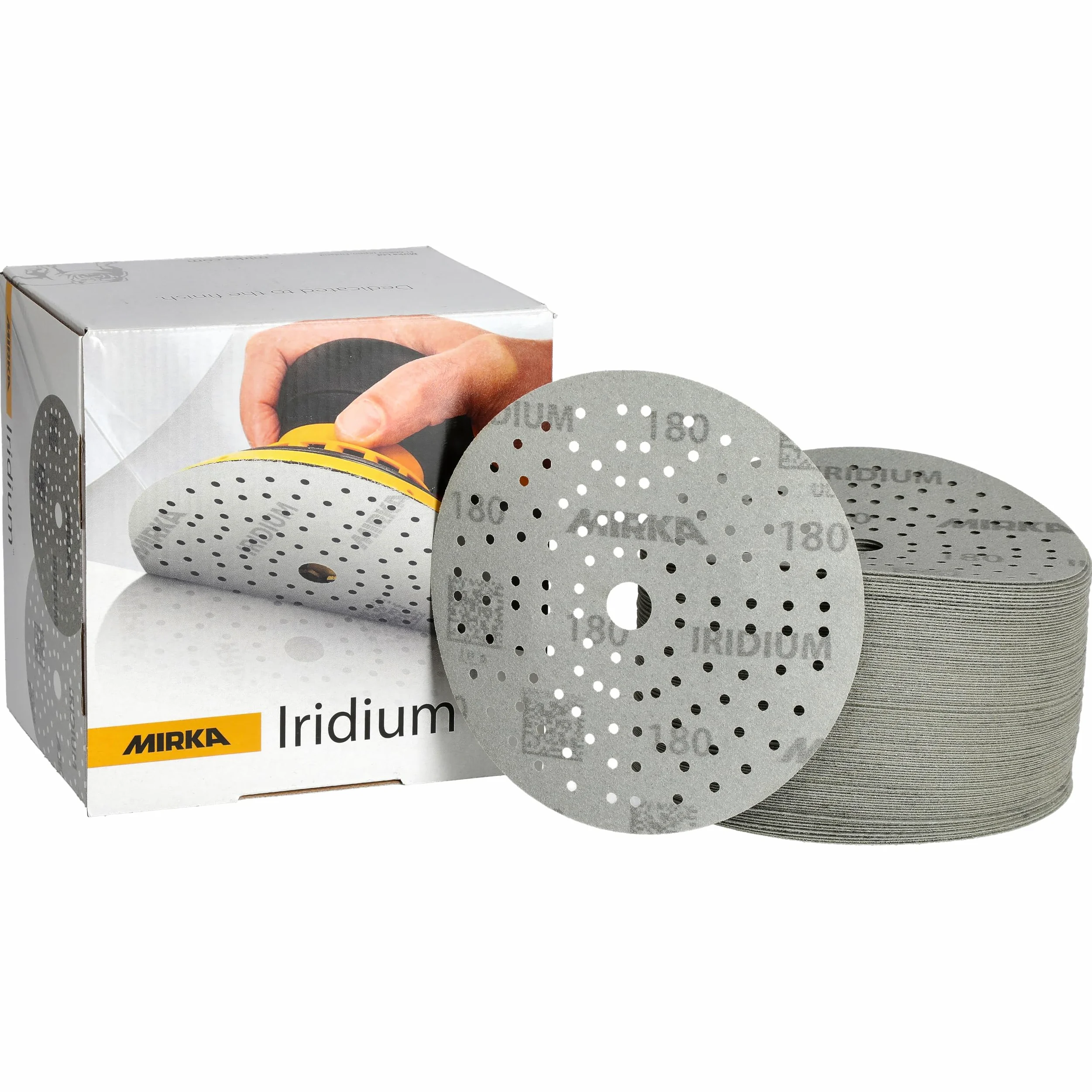 Mirka Schleifpapier Iridium Ø 150 mm Klett 121-Loch Korn 180 100 Stk | Premium-Schleifpapier Korn 180 für Lack Spachtel Grundierung Holz Stahl Kunststoff vielseitig einsetzbar