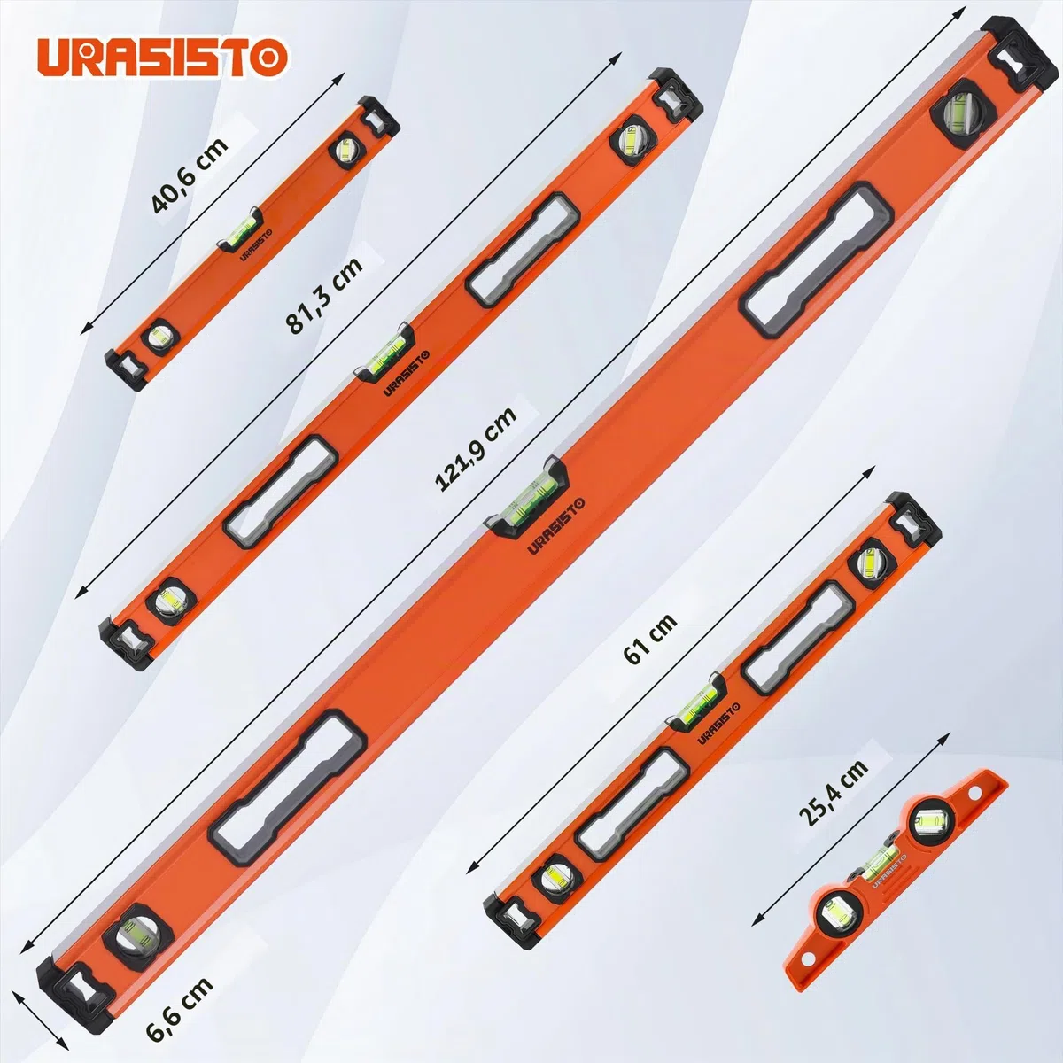 URASISTO 5-teiliges Wasserwaagen-Set, 25cm, 40cm, 60cm, 80cm, 120cm Nivellierset mit magnetischem Torpedoniveau, 45°/90°/180° Blasenmessung, Aluminiumlegierungs-Niveaus mit Tragetasche