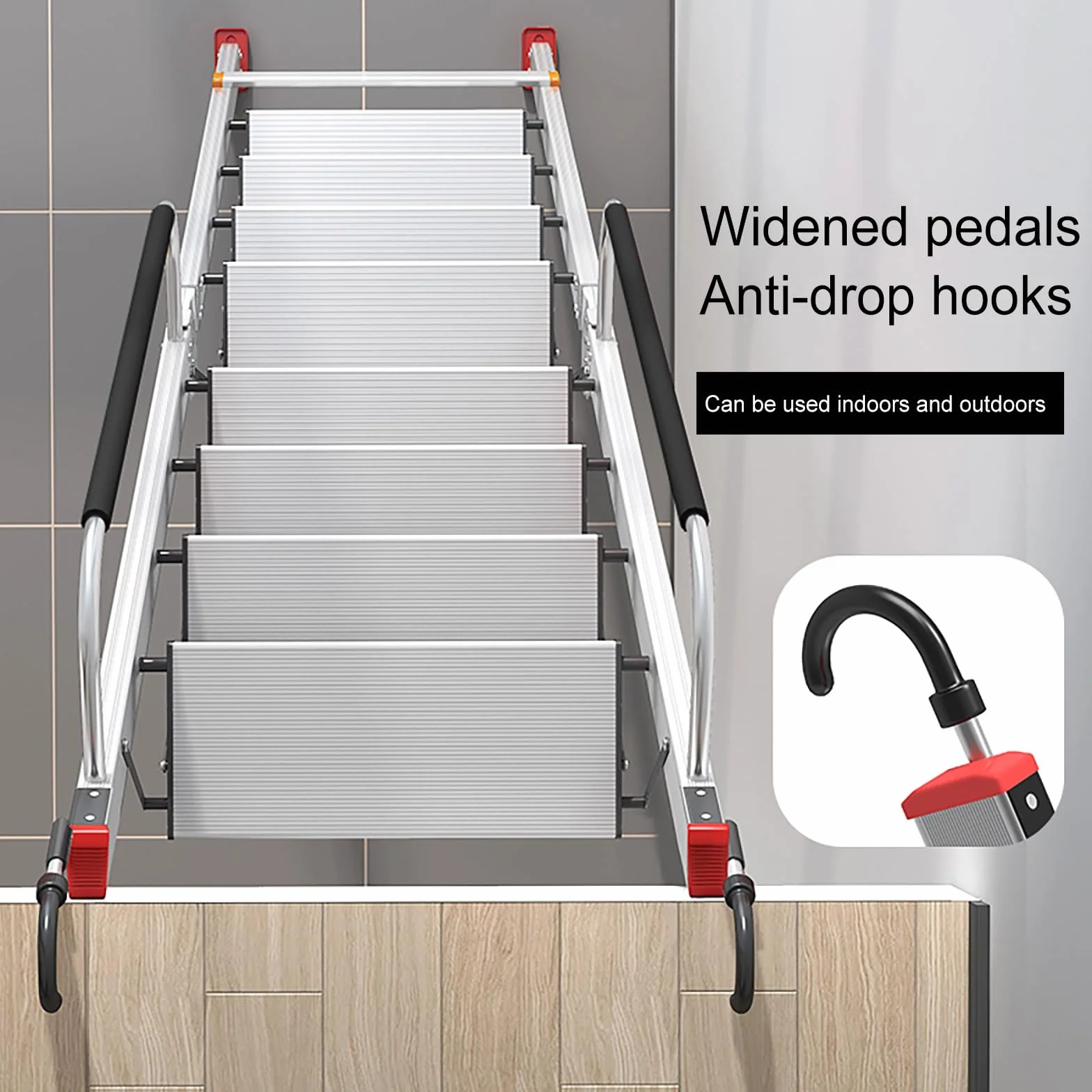 Aluminium-Bodentreppe Dachbodentreppe mit Handlauf, Leichtbau-Ausziehleiter mit rutschfesten Füßen, Raumsparende Klappleiter Leiter, für Zuhause, Büro, Heimwerker(275 * 50cm/108 * 20in)