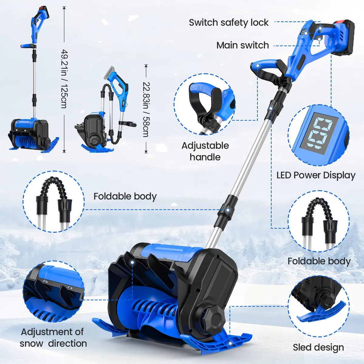 Akku-Schneefräse, Arbeitsbreite 30 cm, Schneehöhe 16 cm, Projektionsabstand 8 m, 550W Elektrische Schneefräse mit Bürstenloser Motor Sicherheitsschalter, LED-Anzeige, Für Einfahrt, Gehweg&Terrasse (B)