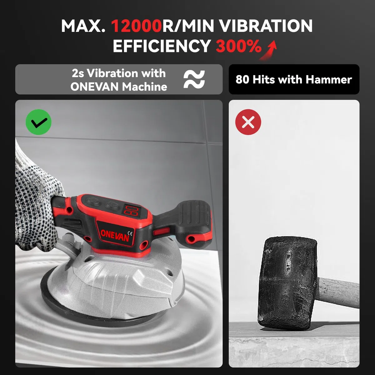 ONEVAN Akku Fliesen Vibrationsgerät, 200KG Elektrische Fliesen Rüttler mit 130mm Saugnapf, Fliese Vibration Tool Fliesenverlegemaschine, 8 Einstellbaren Gänge