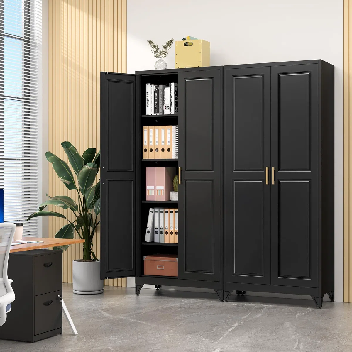 Metallschrank,190 x 80 x 40 cm Aktenschrank mit 4 verstellbaren Einlegeböden Stahlschrank Aufbewahrungsschrank mit 2 Türen Mehrzweckschrank für Schule Haus Büro Garage Schwarz
