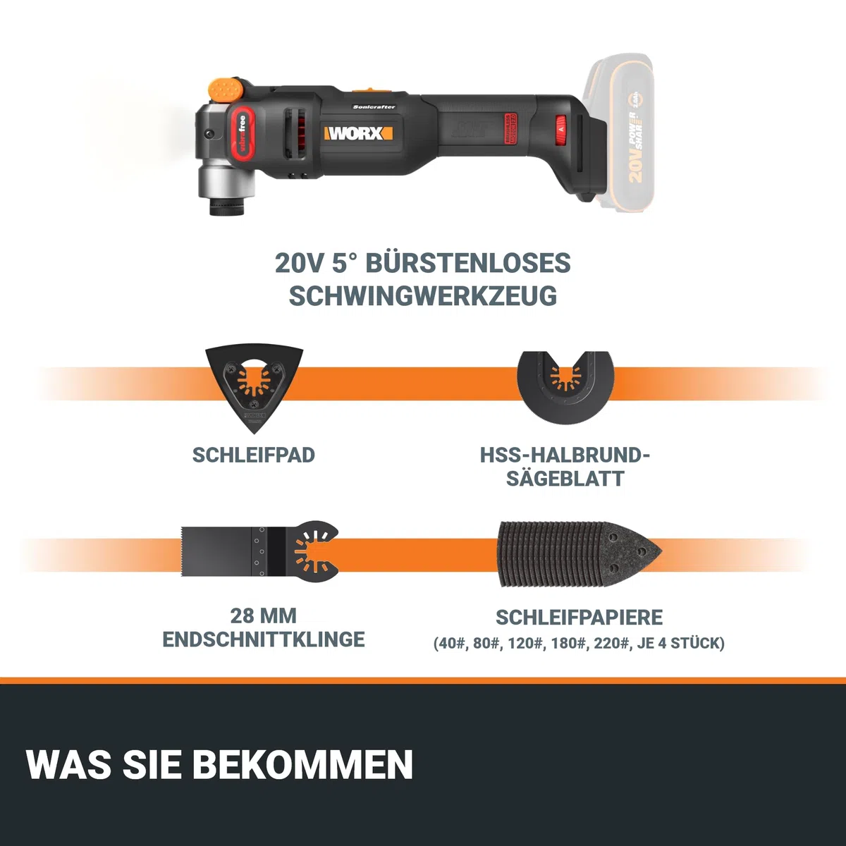 WORX Nitro WX698.9 Sonicrafter Akku Multifunktionswerkzeug 20V – bürstenloser Motor –PowerShare – zum Schneiden, Sägen, Schleifen – 10000-20000/min – ohne Akku & Ladegerät