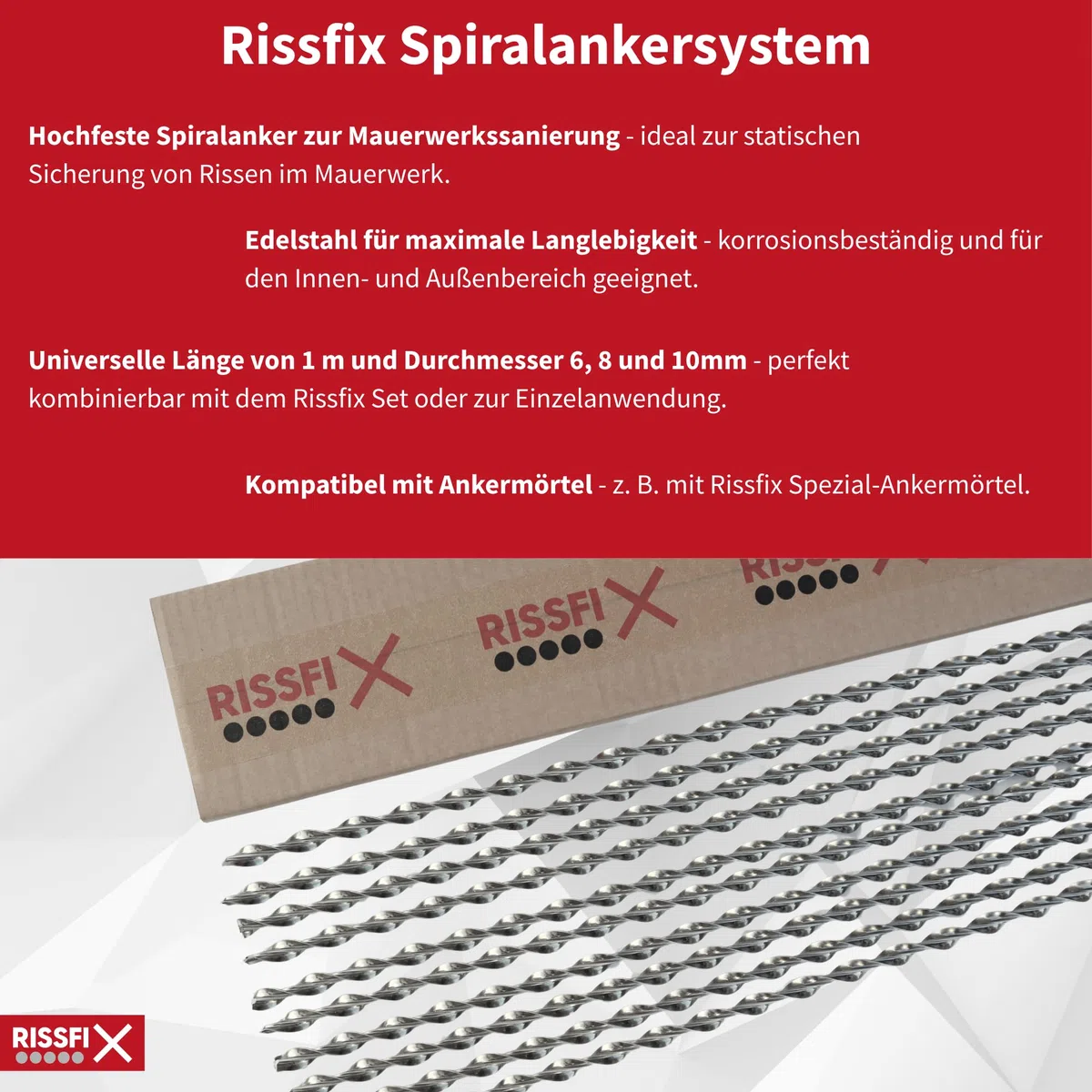 Spiralanker aus rostfreiem Edelstahl – 10 Stück à 1 m – zur Sanierung von Rissen im Mauerwerk (⌀ 6 mm)