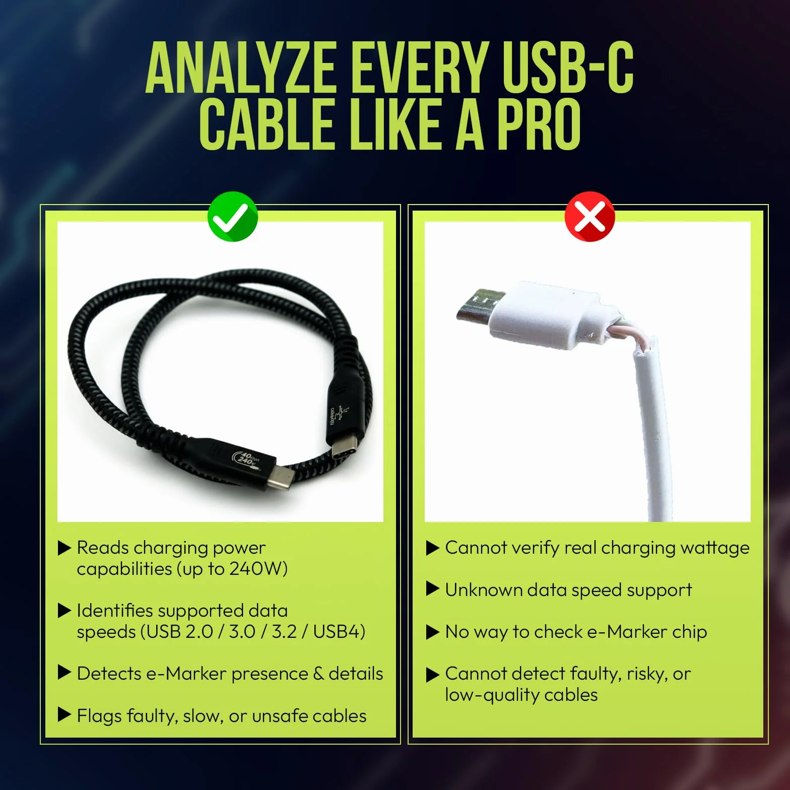 BLE caberQU Digitaler USB-C-Kabeltester, USB PD 3.0/3.1/3.2 eMarker-Anzeige, 25-polige Kontinuitäts-Pinbelegung, USB 2/3/4, Kabelwiderstand, iOS & Android App (BLE caberQU Sicherheitsset)
