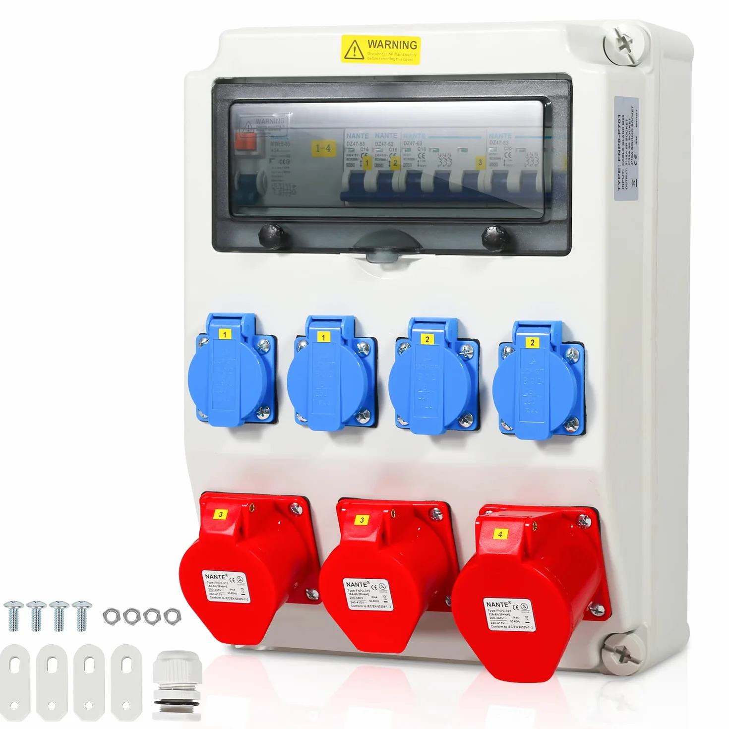 Herrselsam Baustromverteiler, 1X32A 2X16A 4x230V MIT LS+FI mit Leitungsschutzschalter und RCCB, 5 polig Wandverteiler mit 4 Schutzkontaktsteckdosen und CEE 16/32A, Innen Außenbereich auf Baustellen