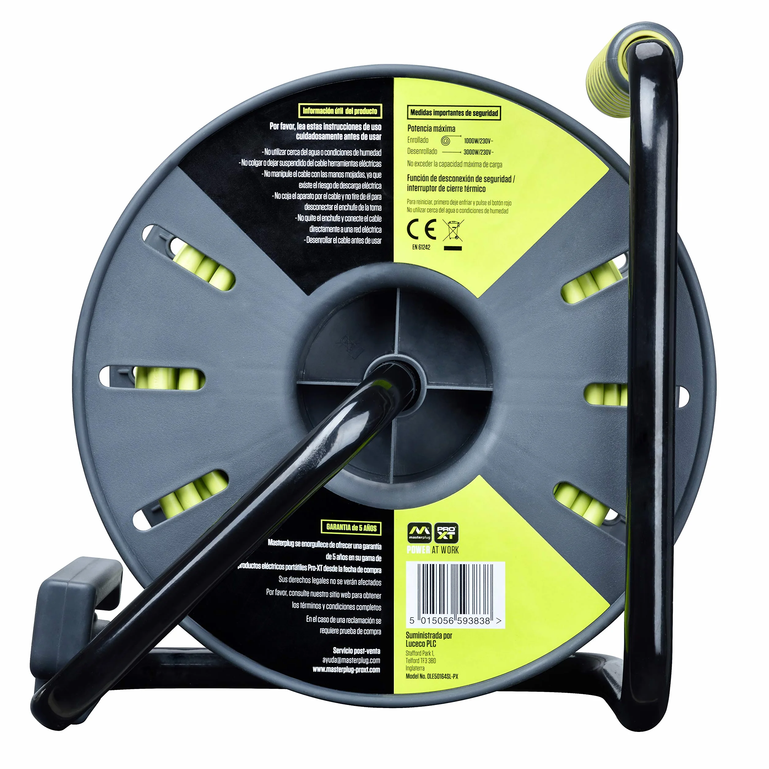 Masterplug Pro-XT 4-Fach offene Kabeltrommel mit Aufrollgriff, Thermoabschaltung und Netzschalter, 50 Meter langes Kabel mit hoher Sichtbarkeit