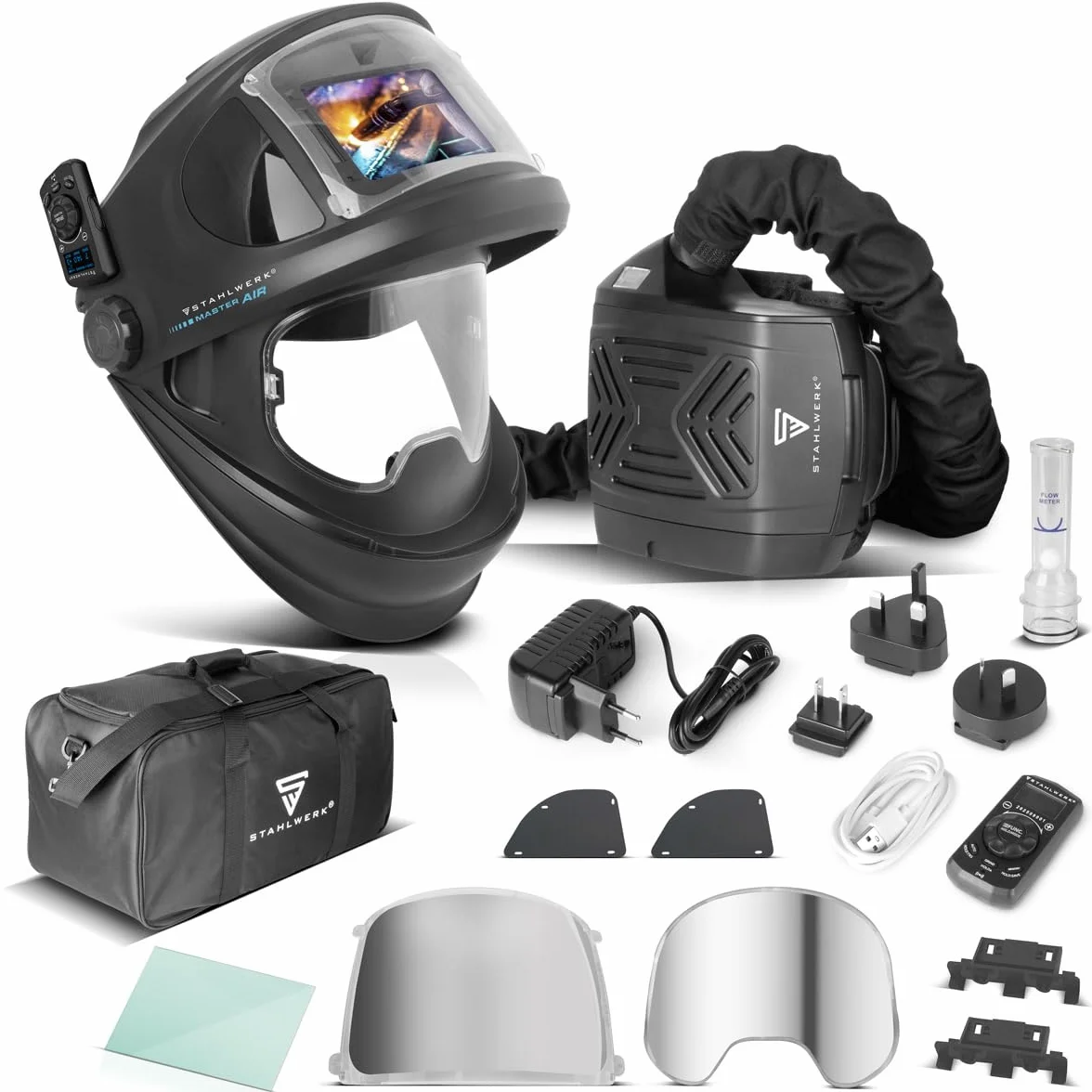 STAHLWERK Automatik-Schweißhelm 3-in-1 Master AIR – Schweißhelm mit Frischluftzufuhr, Funktionssteuerung per Bluetooth, True-Colour-Farbwiedergabe, Abdunkelung DIN 4 bis DIN 14, Optik-Klasse 1/1/1/1