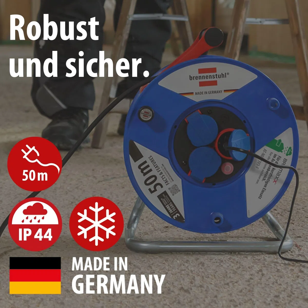 Brennenstuhl Garant IP44 Kabeltrommel (50m, Spezialkunststoff, kurzfristiger Einsatz im Außenbereich, Made in Germany) blau