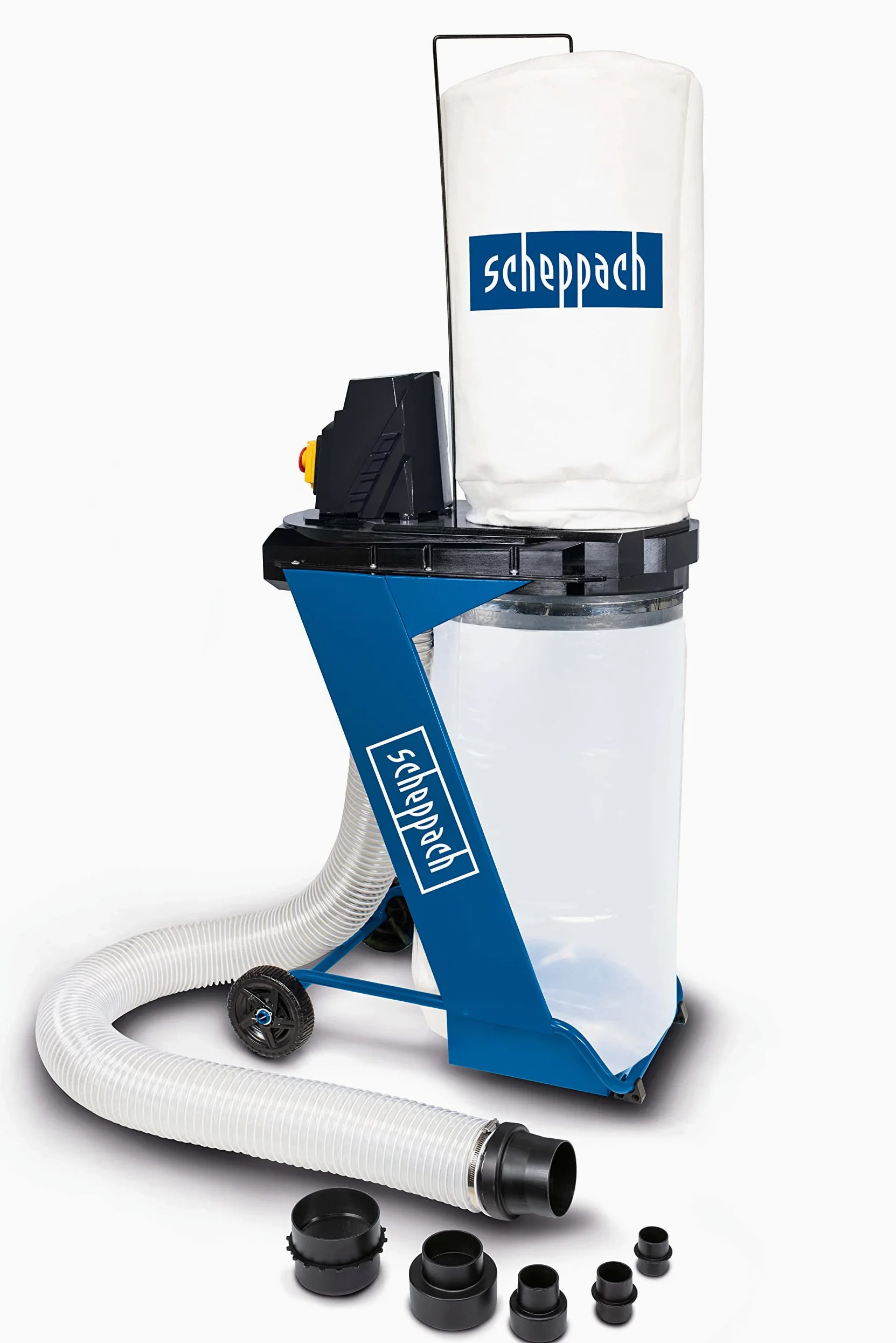 Scheppach Absauganlage DC500 Späneabsaugung mit 4 tlg. Adapterset | Luftleistung 1150m3/h | Auffangsack 75L | Unterdruck 900Pa | Leistung 550W | Schlauchlänge 2m | Fahrvorrichtung & Metallkonstruktion