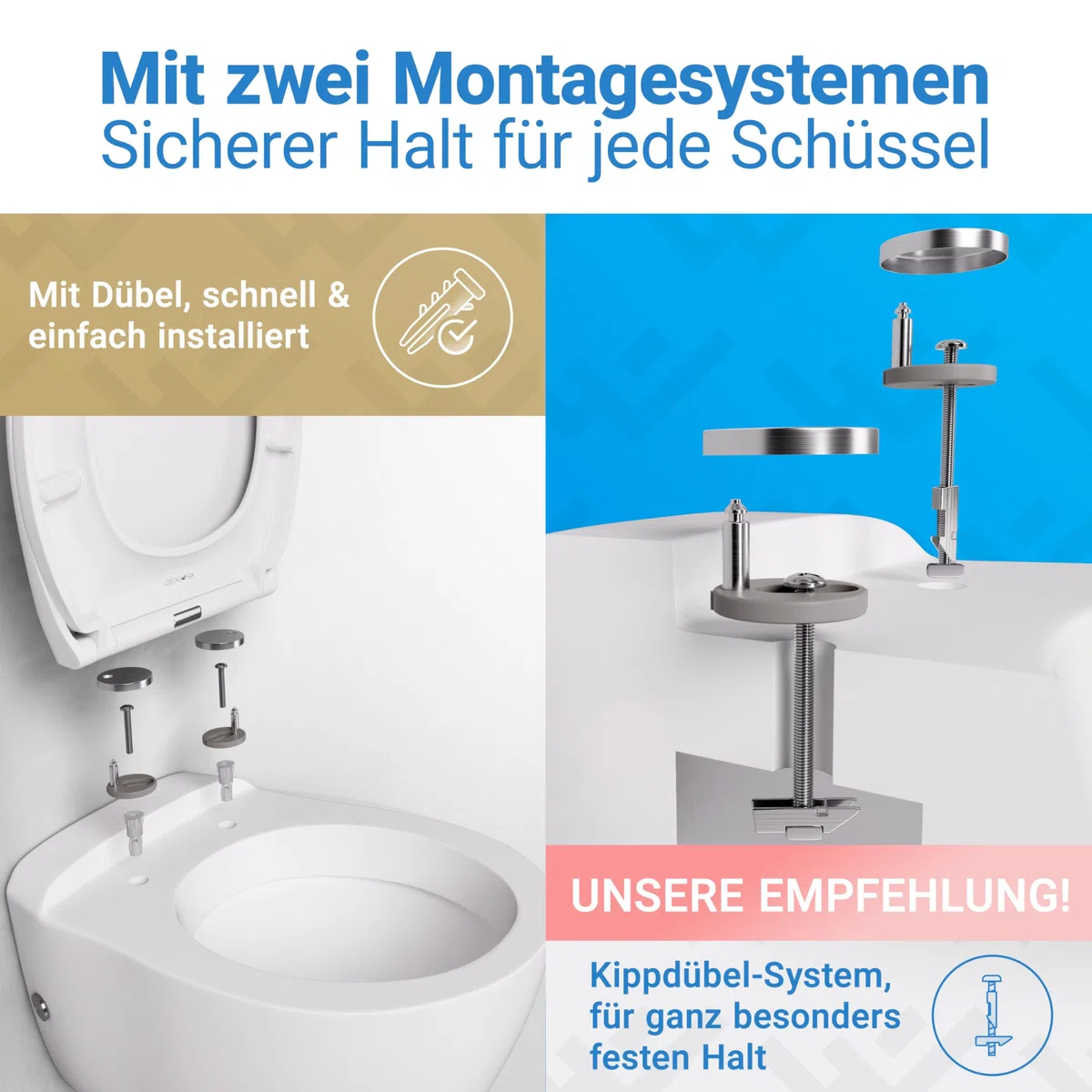 LOBENSWERK Toilettendeckel mit Absenkautomatik [Einfache Montage] antibakteriell & UV-beständig | Quick-Release-Funktion | Klodeckel, Klobrille, WC Sitz inkl. Installationsschablone
