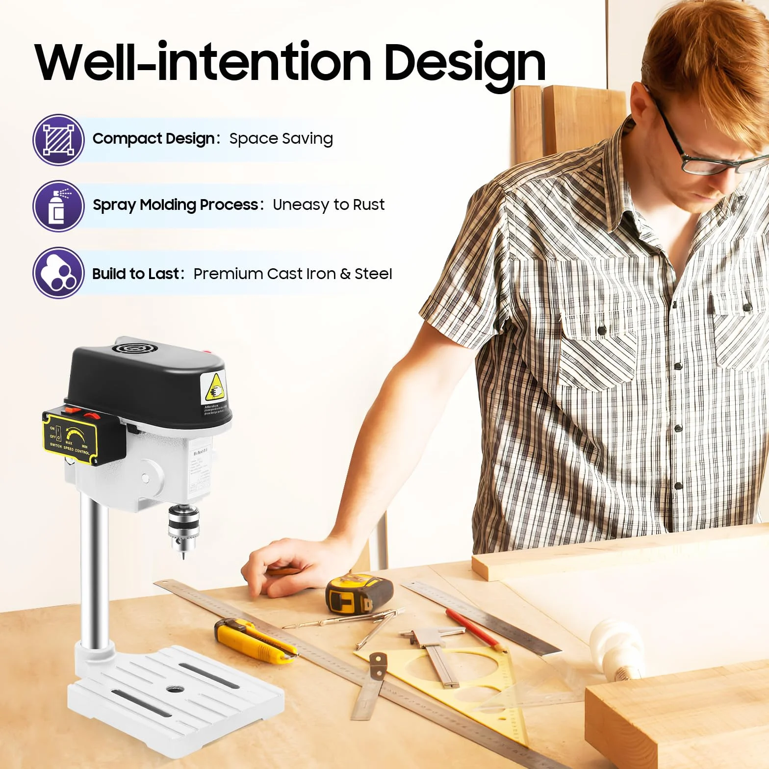 340W Tischbohrmaschine Mini Bohrmaschine Säulenbohrmaschine,Bohrfutter 1-10mm,0.6MM - 6.5MM Bohrungsdurchmesser,3-stufige Drehzahlregelung für Holz Metall und Kunststoff