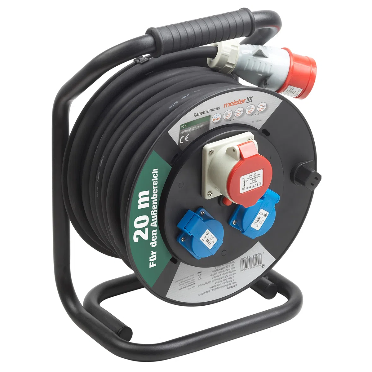 Meister Kabeltrommel H07RN-F5G2,5, IP44 - 20 m Kabel - Thermoschutz-Schalter - Outdoor / Kabelrolle mit CEE- & Schuko-Steckdosen / Kabelbox mit Verlängerungskabel / Leitungsroller mit Kurbel / 7435900