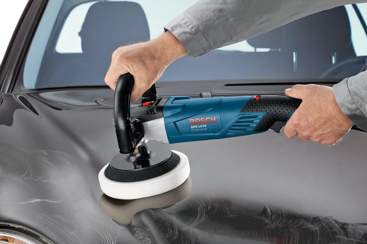 Bosch Professional Polierer GPO 14 CE (1.400 Watt, Leerlaufdrehzahl 750-3.000 min-1, inkl. Zusatzhandgriff, D-Griff) + Polierschwamm 170mm, 1 Stk.
