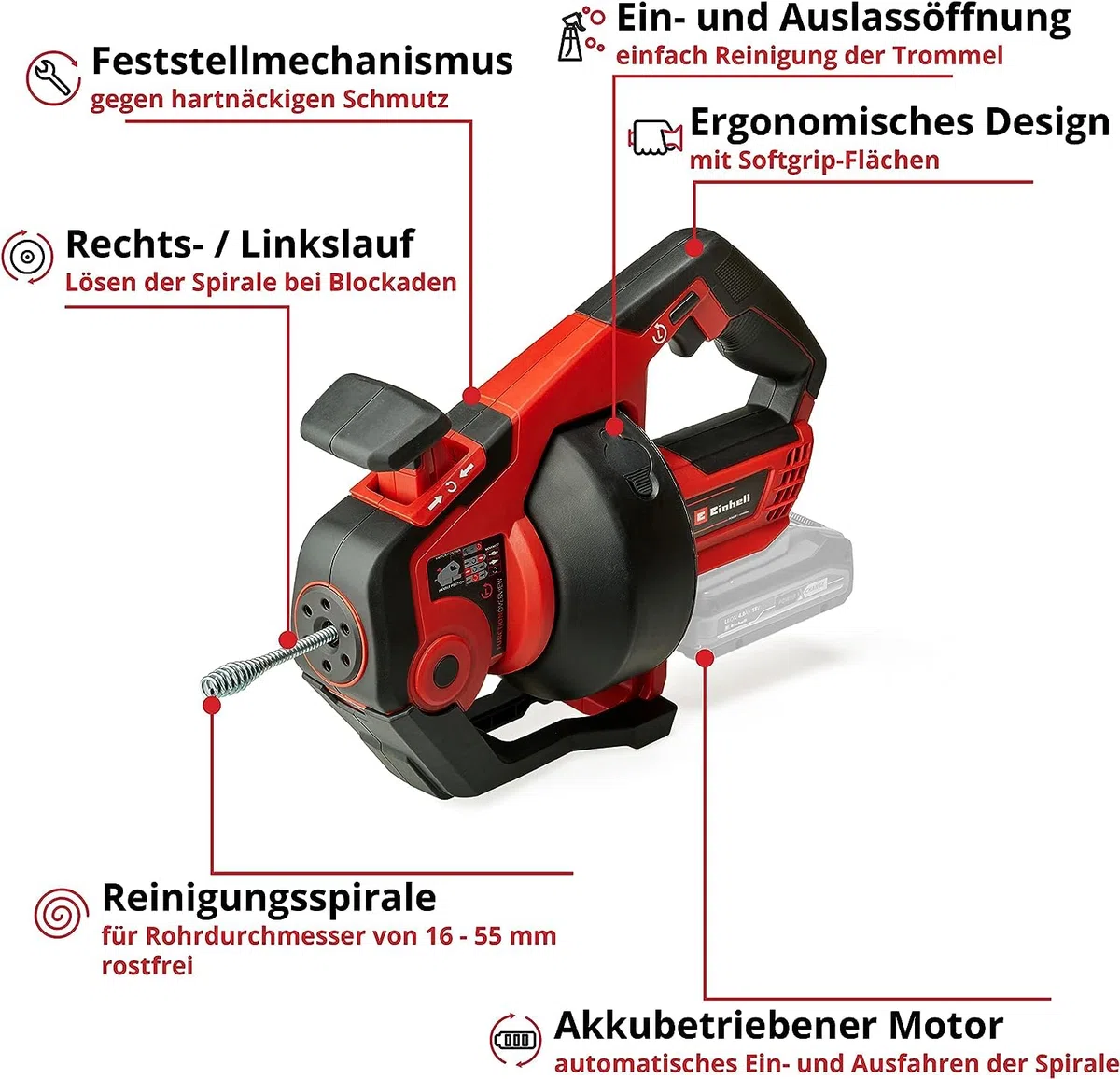 Einhell Akku-Rohrreiniger TE-DA 18/760 Li-Solo Power X-Change (18 V, Li-Ion, 7.6 m lange Reinigungsspirale, geeignet für Rohrdurchmesser 16-55 mm, Lieferung ohne Akku & Ladegerät)