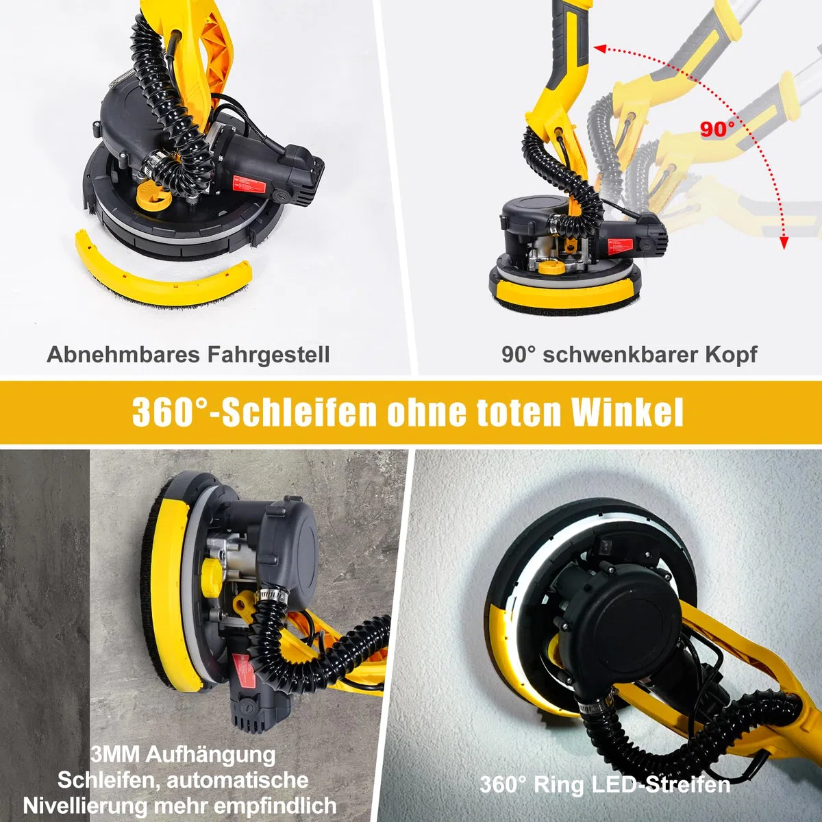 HYCHIKA Trockenbauschleifer, Wandschleifer, 750W Wand Schleifer mit Absaugung, Ausziehbarer Faltbarem Griff, Schleifgiraffe mit 6 Gänge schalten und LED-Licht Schleifteller Ø 214mm