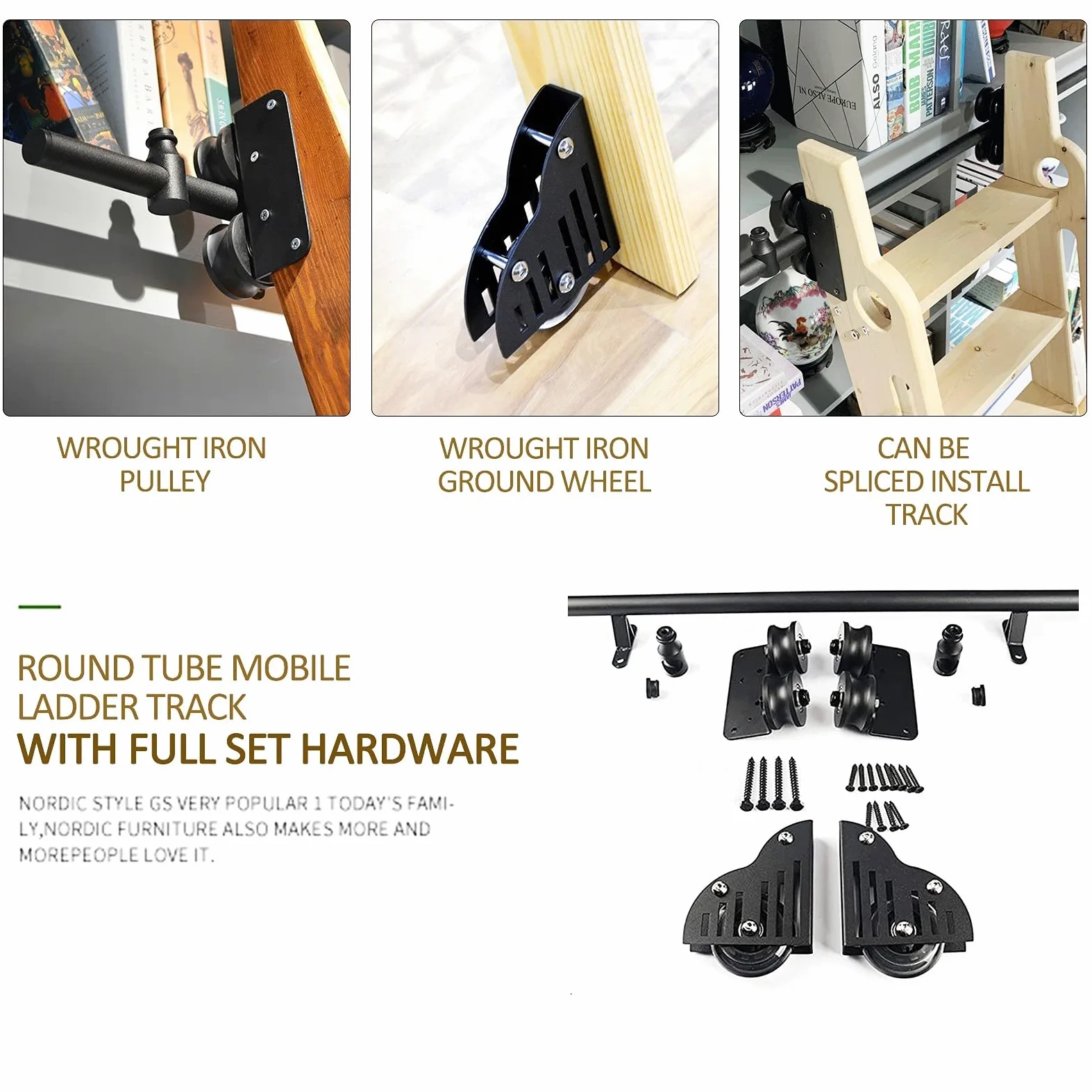 Schiebeleiter Hardware Kit, Einziehbare Rollleiter Hardware Bibliothek, Robuste Bodenrolle aus Stahl, Mobile Leiter-Gleitschiene aus Kohlenstoffstahl