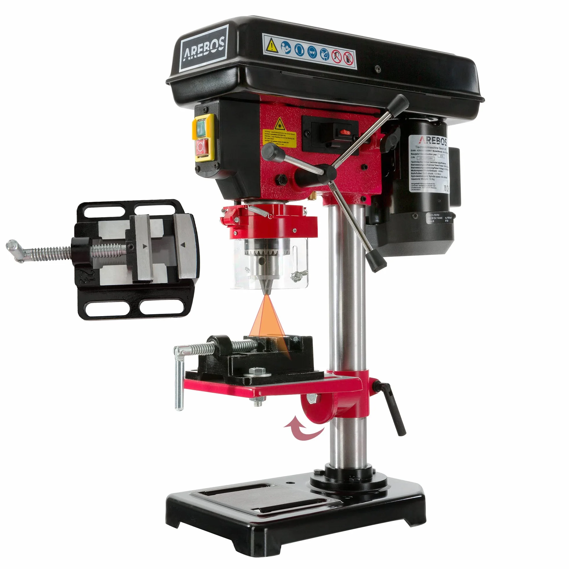Arebos Tischbohrmaschine | Säulenbohrmaschine | mit integriertem Positionslaser | 500 W | inkl. 13 mm Zahnkranzbohrfutter und Schraubstock | 5 Geschwindigkeitsstufen | 0 – 45 Grad Neigungswinkel