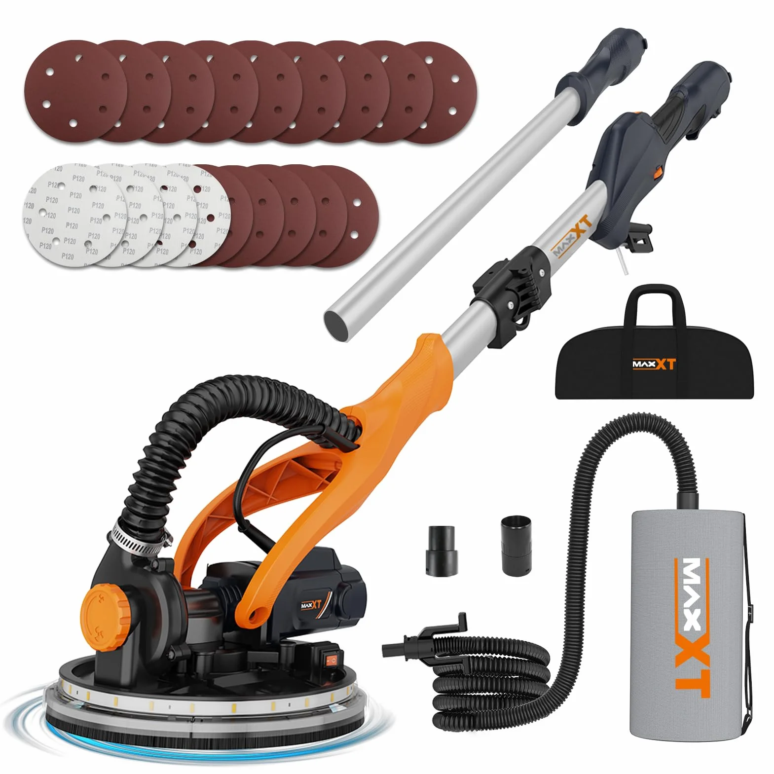 MAXXT 820W Trockenbauschleifer mit Ring-LED-Beleuchtung | Klappgriff + Verlängerungsrohr(bis 165cm) | 215mm Schleifplatte & 225mm Schleifpapier | 600-1900 U/min | six dust bag