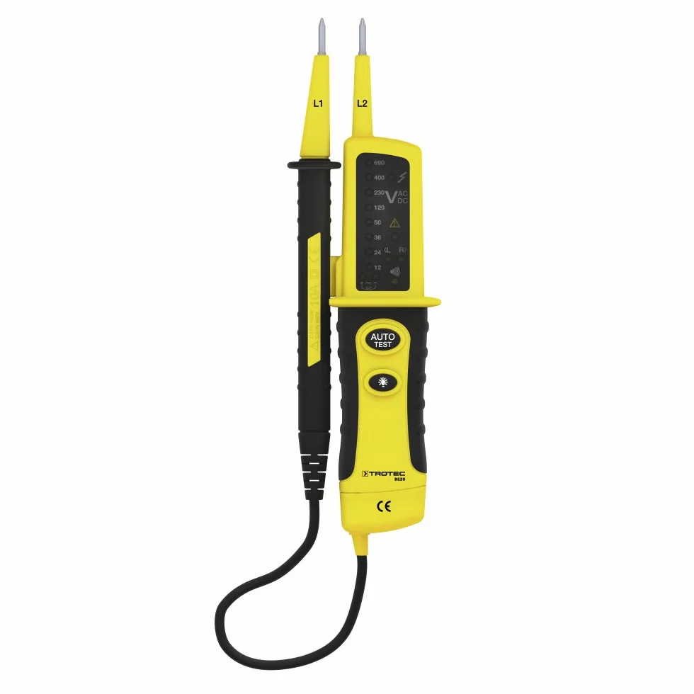 TROTEC Spannungsprüfer zweipolig BE20 – Durchgangsprüfer akustisch – Messbereich 12-600 V (AC/DC), IP64, LED