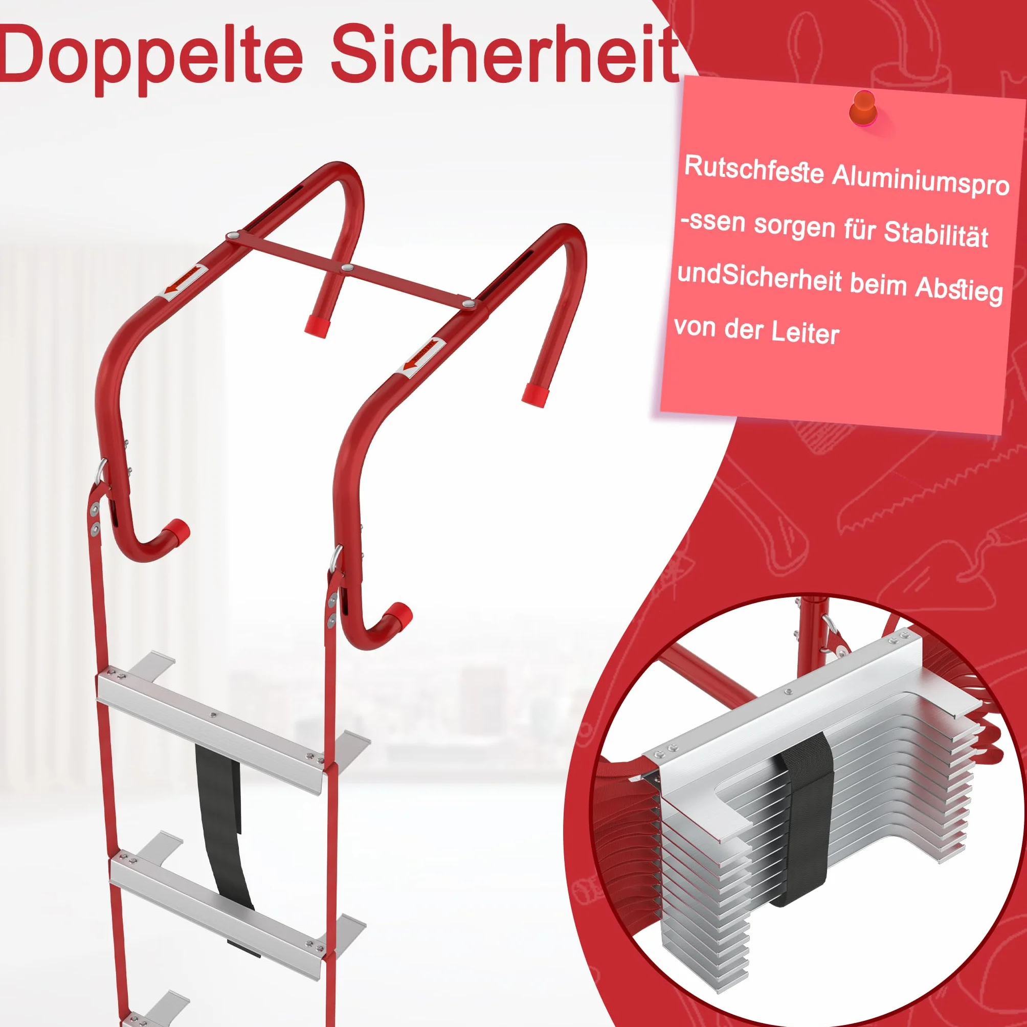 LZQ Feuerleiter Fluchtleiter,Sicherheitsleitern Feuerfeste Rettungsleiter aus Hochfestes Polyester,Max Tragfähigkeit 450 kg,Strickleiter für 3-stöckige Gebäude Balkon Fenster (7.5 M (23 Stufen))