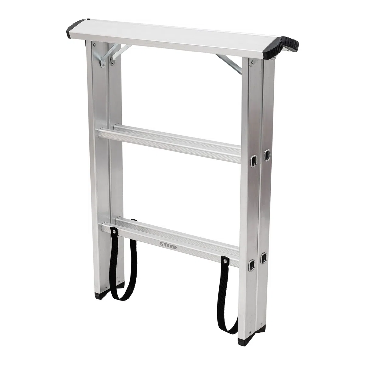 STIER Aluminiumbock, mit einer Tragfähigkeit von 150kg, 75 cm breit, 80 cm hoch, Arbeitsbock, Unterstellbock, Montagebock, Klappbock, verzinkte Scharniere, Nylongurte zur Absicherung