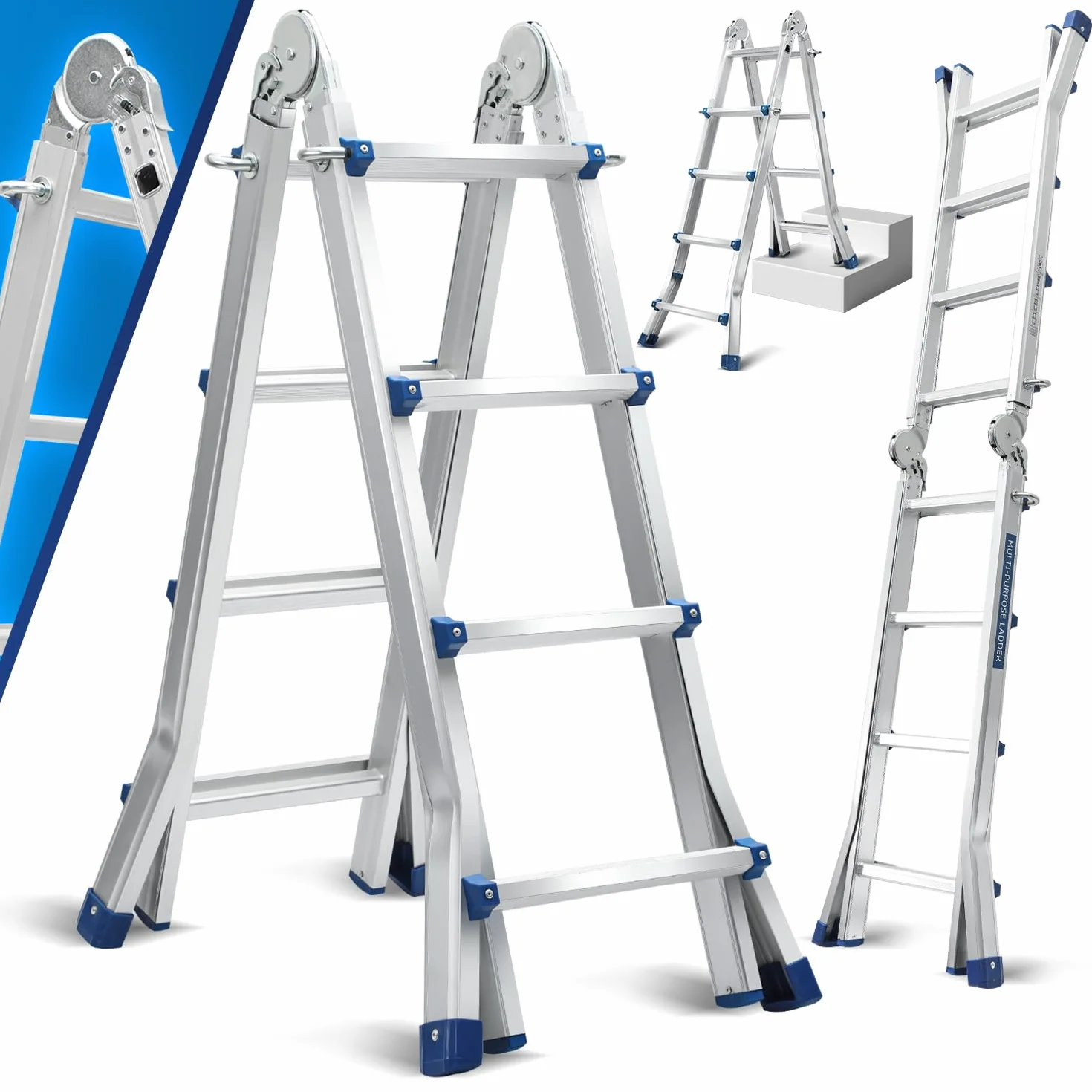 Ikodm Mehrzweckleiter 402cm 4x4 Sprossen Teleskopleiter 3 in 1 Aluleiter Multifunktionsleiter Klappleiter, Anlegeleiter Bockleiter Schiebeleiter beidseitige Steh und Treppenleiter