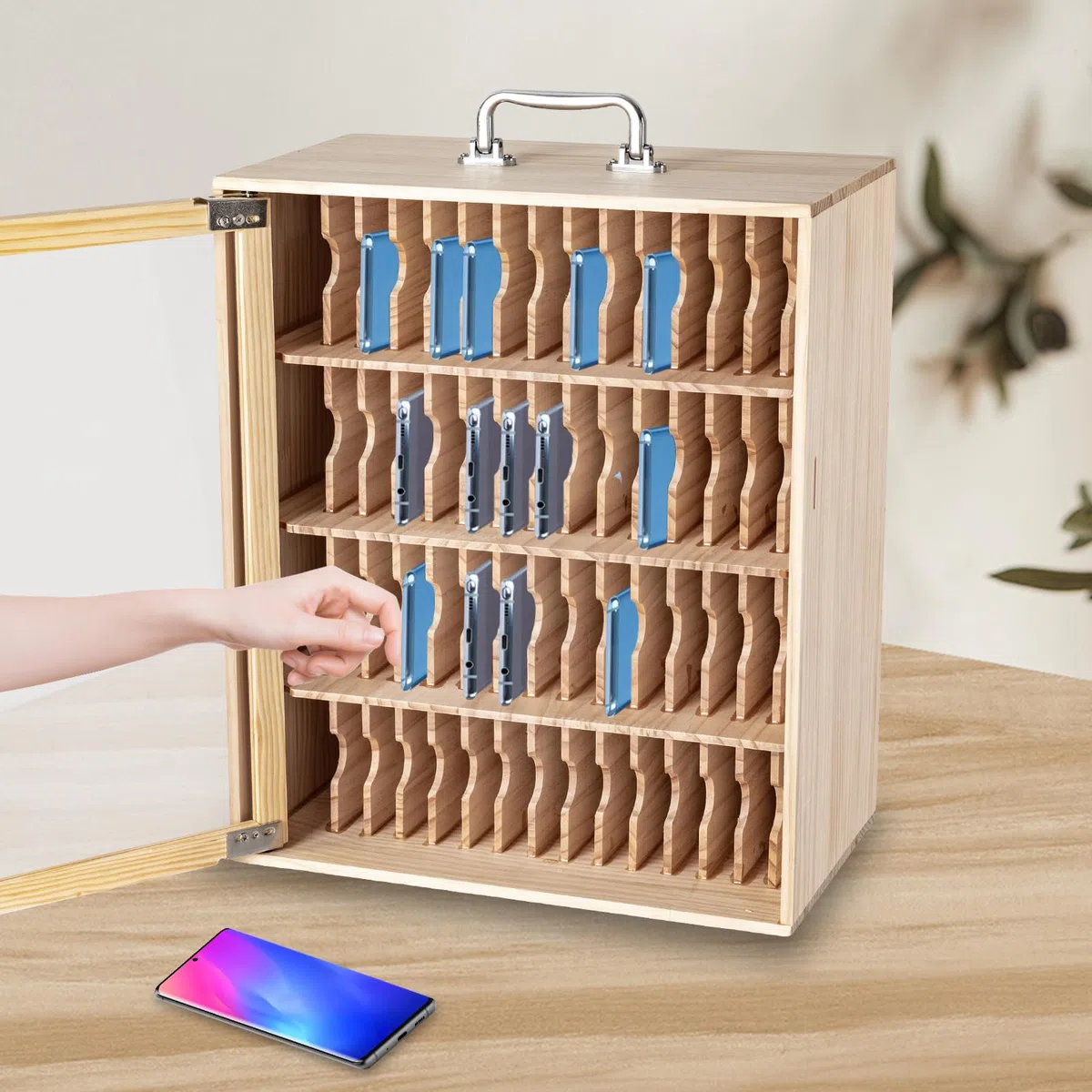 Handyaufbewahrung, Persönliche Aufbewahrungsbox Mit 12/15/20/25/30/40 Steckplätzen, Transparentes Handyschließfach Mit Schloss, Desktop-Handy-Aufbewahrungsschrank (Wood, 24 Slots)