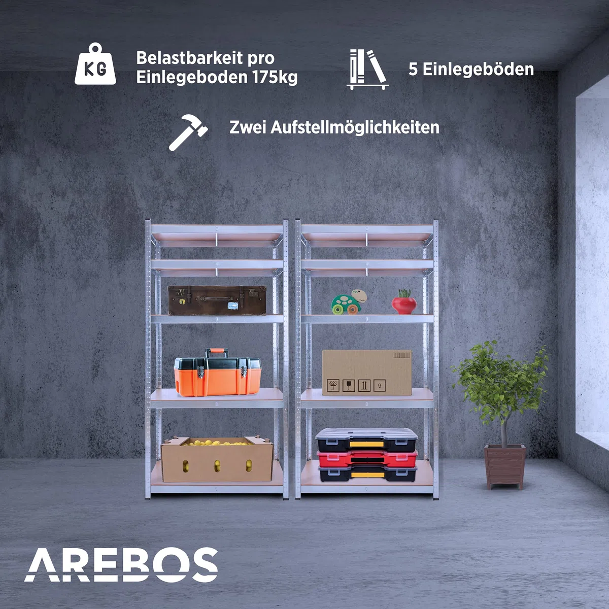 Arebos Schwerlastregal 2er Set | 180x90x30cm | 875kg Tragkraft | 5 MDF-Platten | Einfache Montage durch Stecksystem Regal Lagerregal Kellerregal Steckregal Werkstattregal | verzinkt