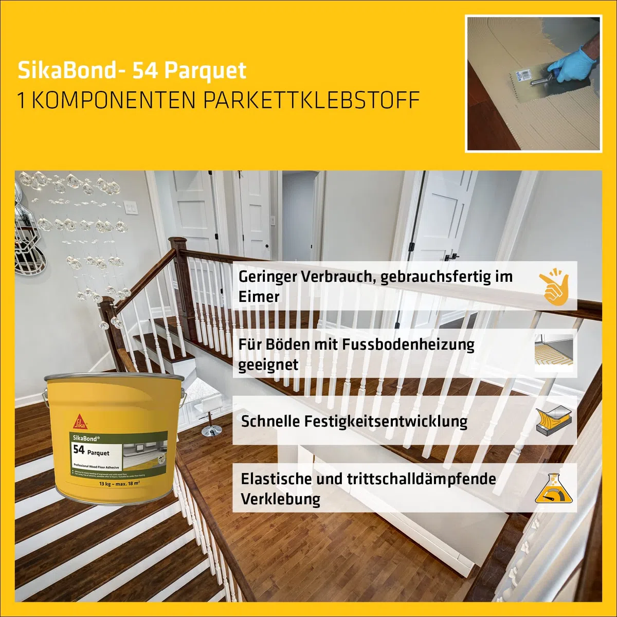 Sika – Parkettkleber – SikaBond 54 Parquet - Parkettbraun – Mehrschichtparkett/Massivparkett - Schnellhärtend - Verarbeitungsfertig - Sehr emissionsarm – Lösemittelfrei - 13 kg