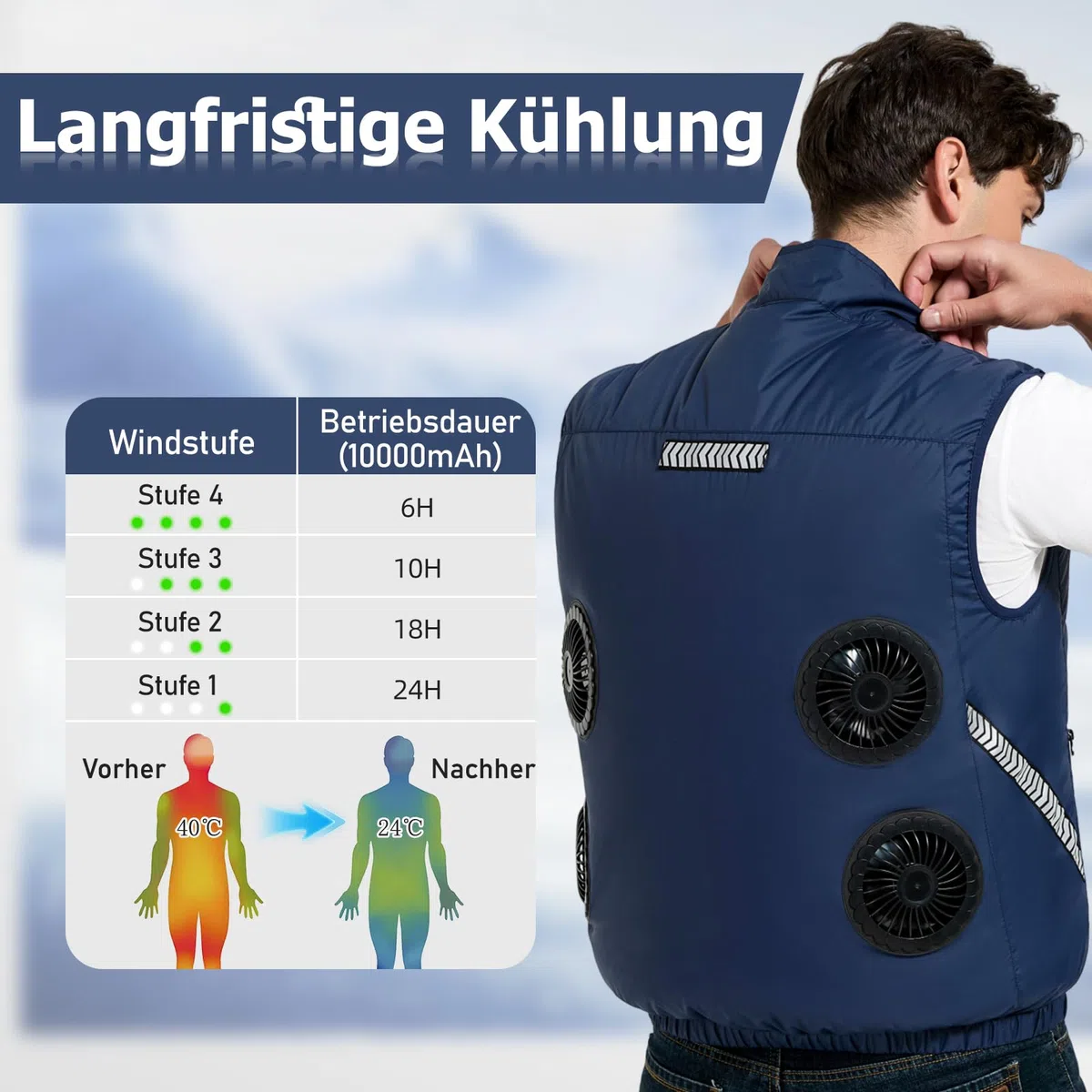 Kühlweste, Elektrische Kühlweste mit 4 Ventilatoren und Akku, Reflektierende Kühljacke für Herren Outdoor Camping, Wandern, Radfahren